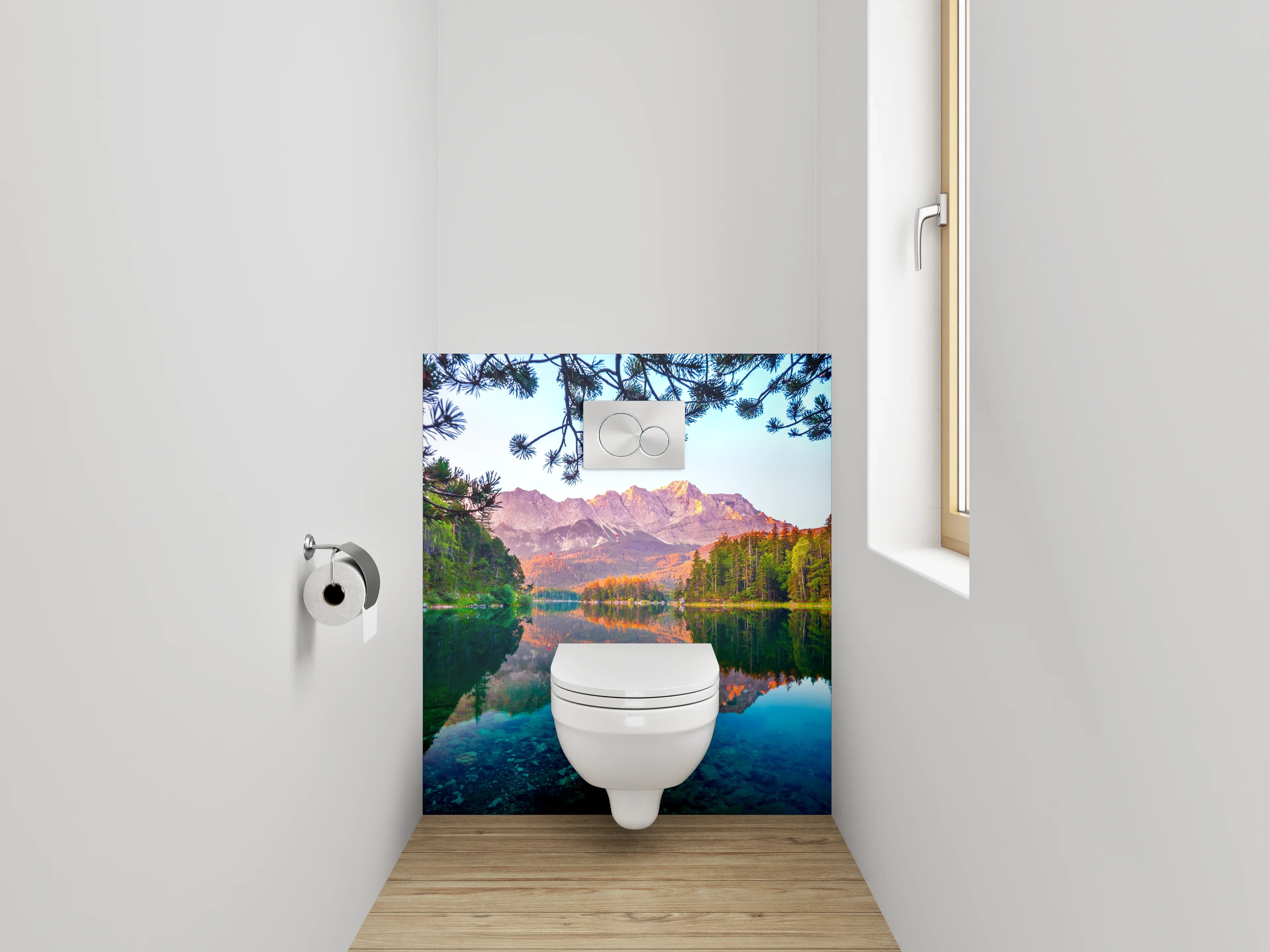 WC-Rückwand - Alpensee mit Bergen und Wald