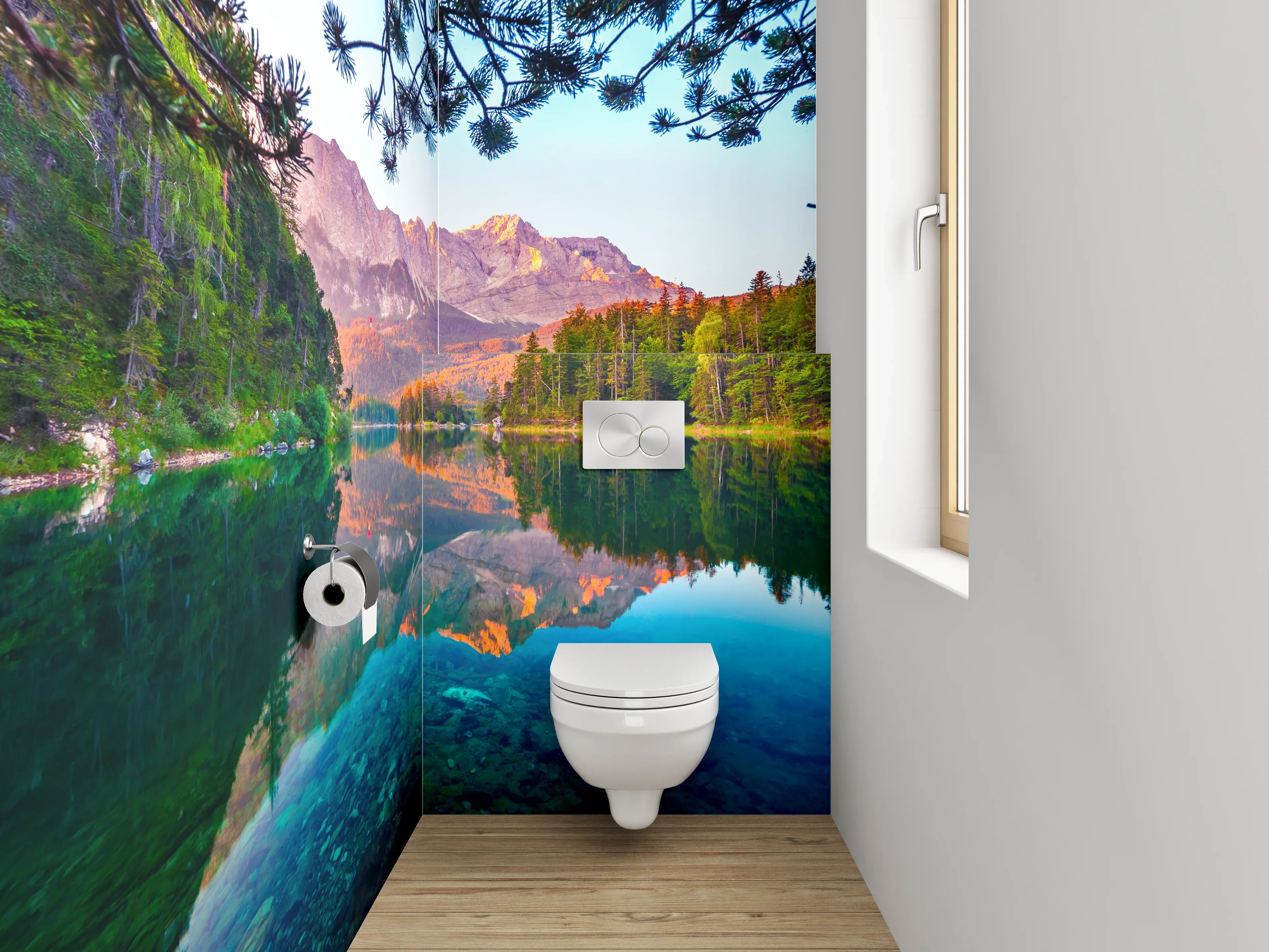 WC-Rückwand - Alpensee mit Bergen und Wald