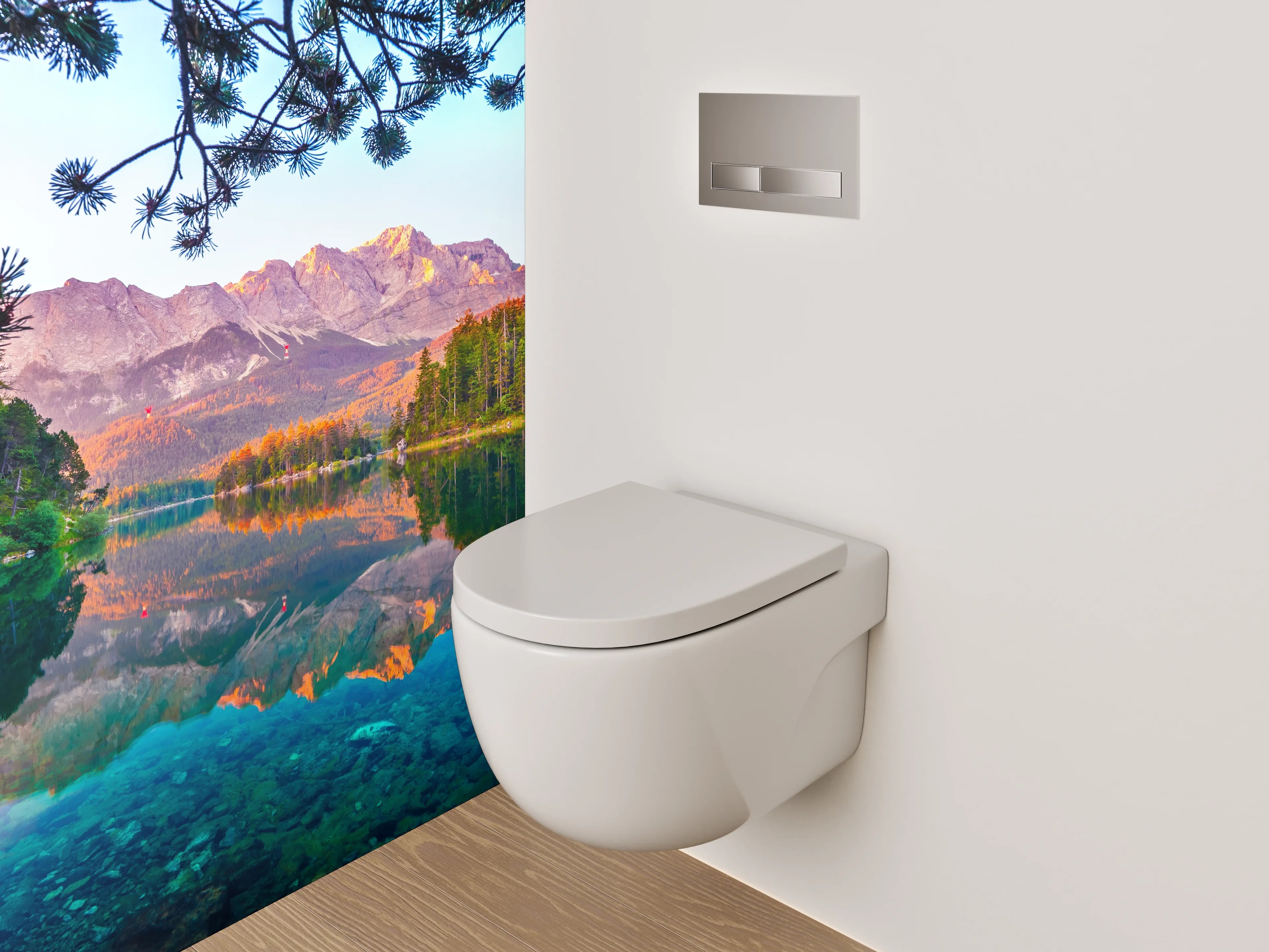 WC-Rückwand - Alpensee mit Bergen und Wald