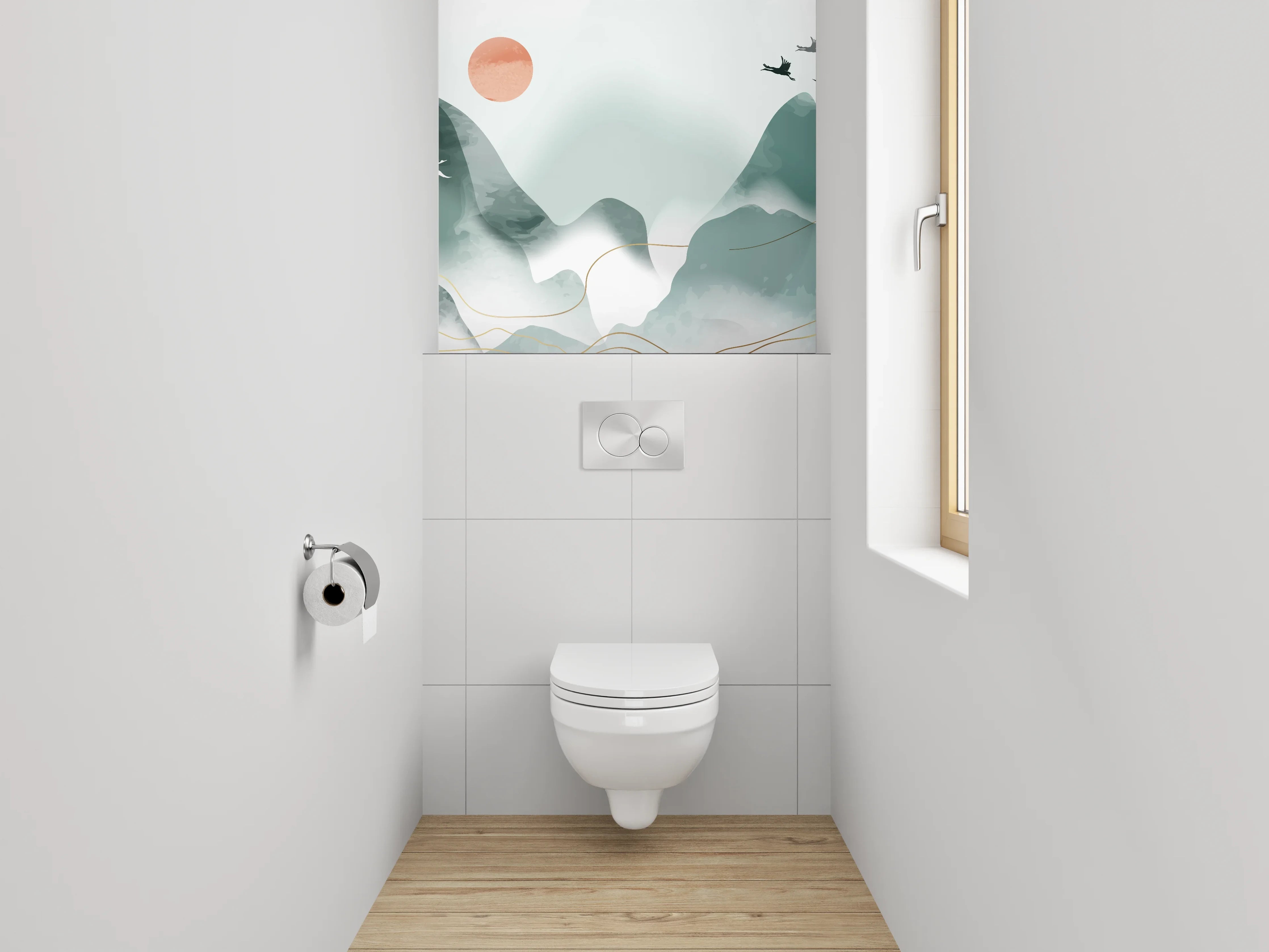 WC-Rückwand - Aquarell Berge und Kraniche minimalistisch