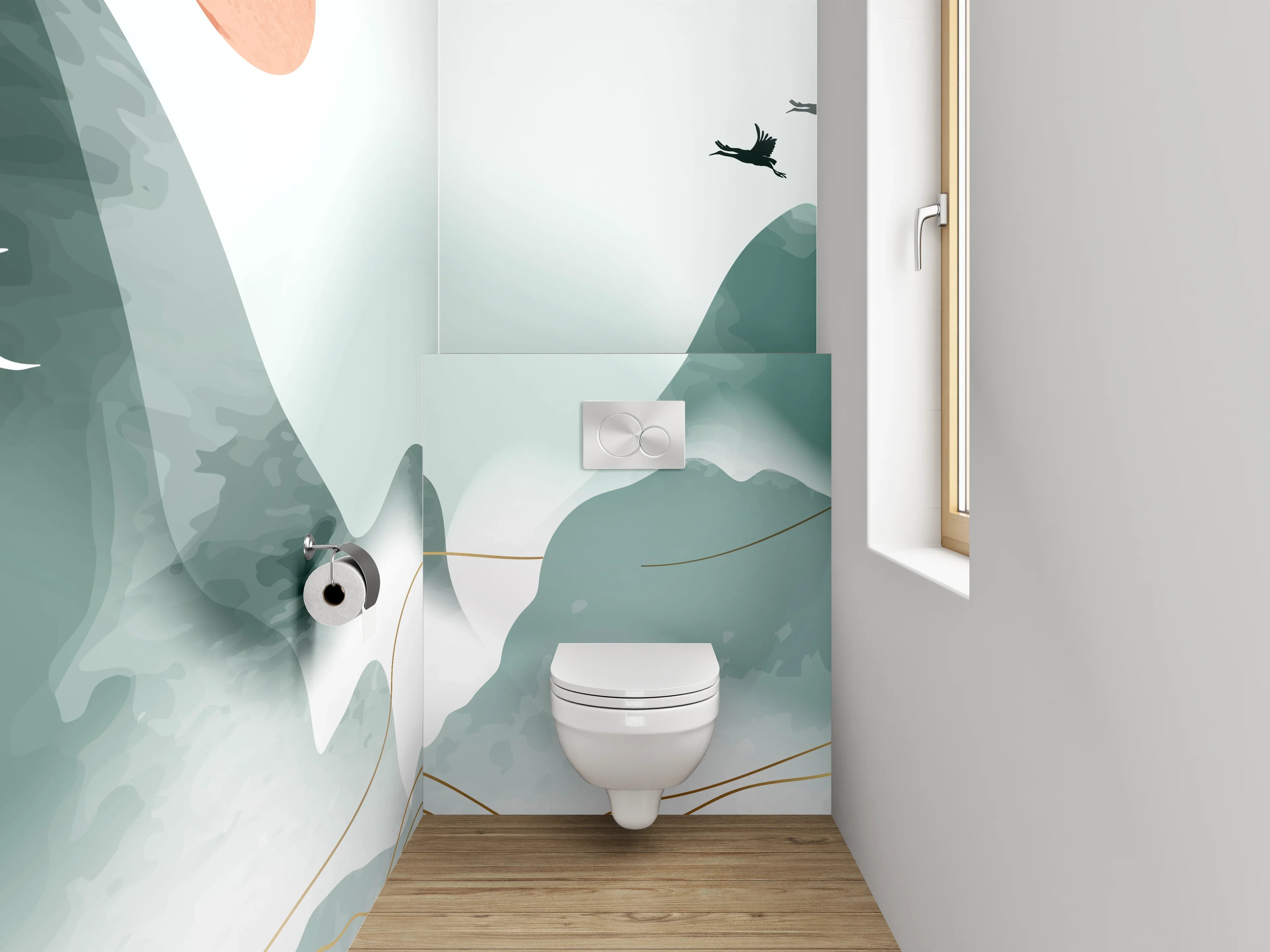 WC-Rückwand - Aquarell Berge und Kraniche minimalistisch