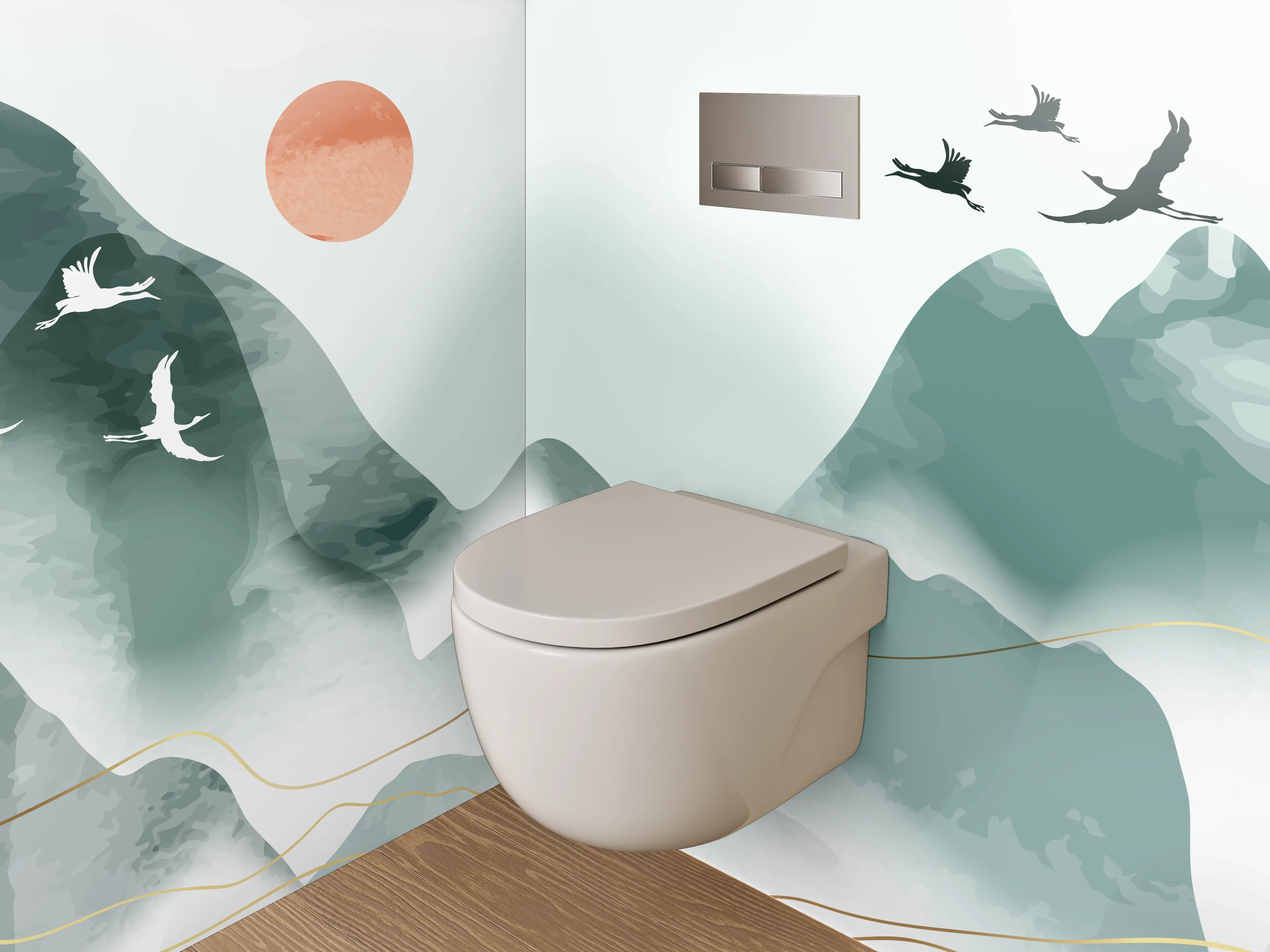 WC-Rückwand - Aquarell Berge und Kraniche minimalistisch