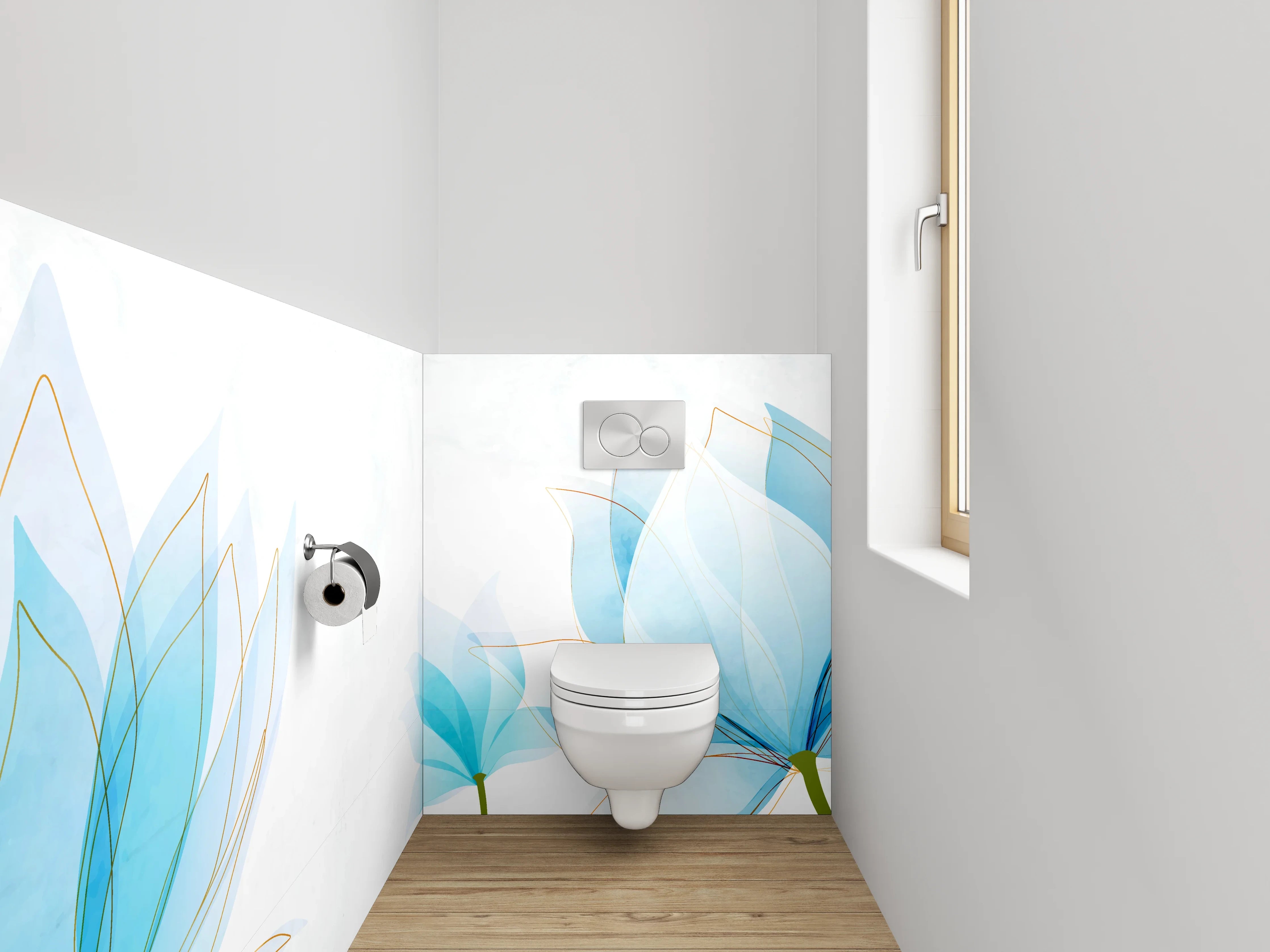 WC-Rückwand - Aquarell-Blaue Lotusblüten auf Weiß