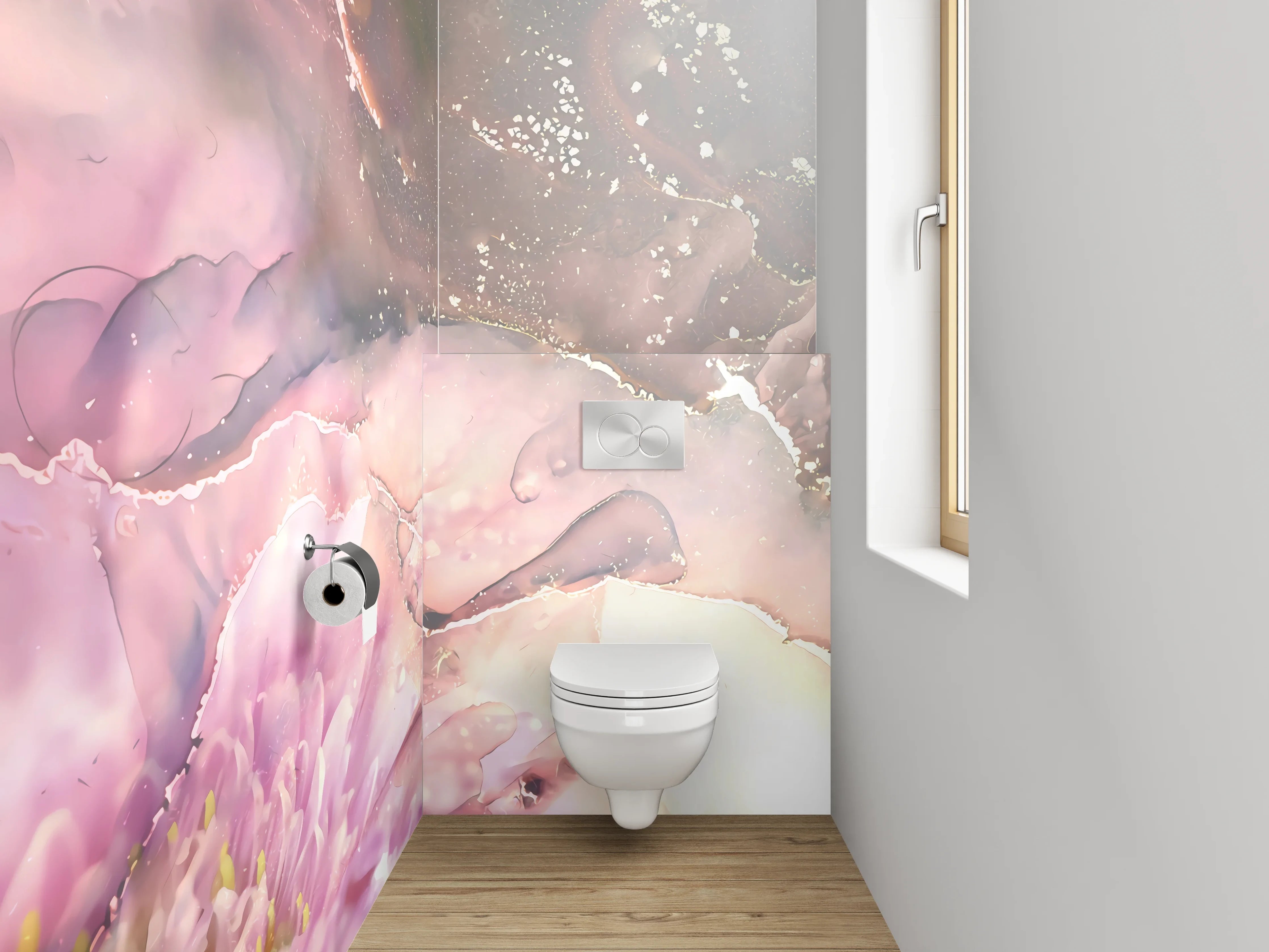 WC-Rückwand - Aquarell Blume Pink Gold Abstrakt