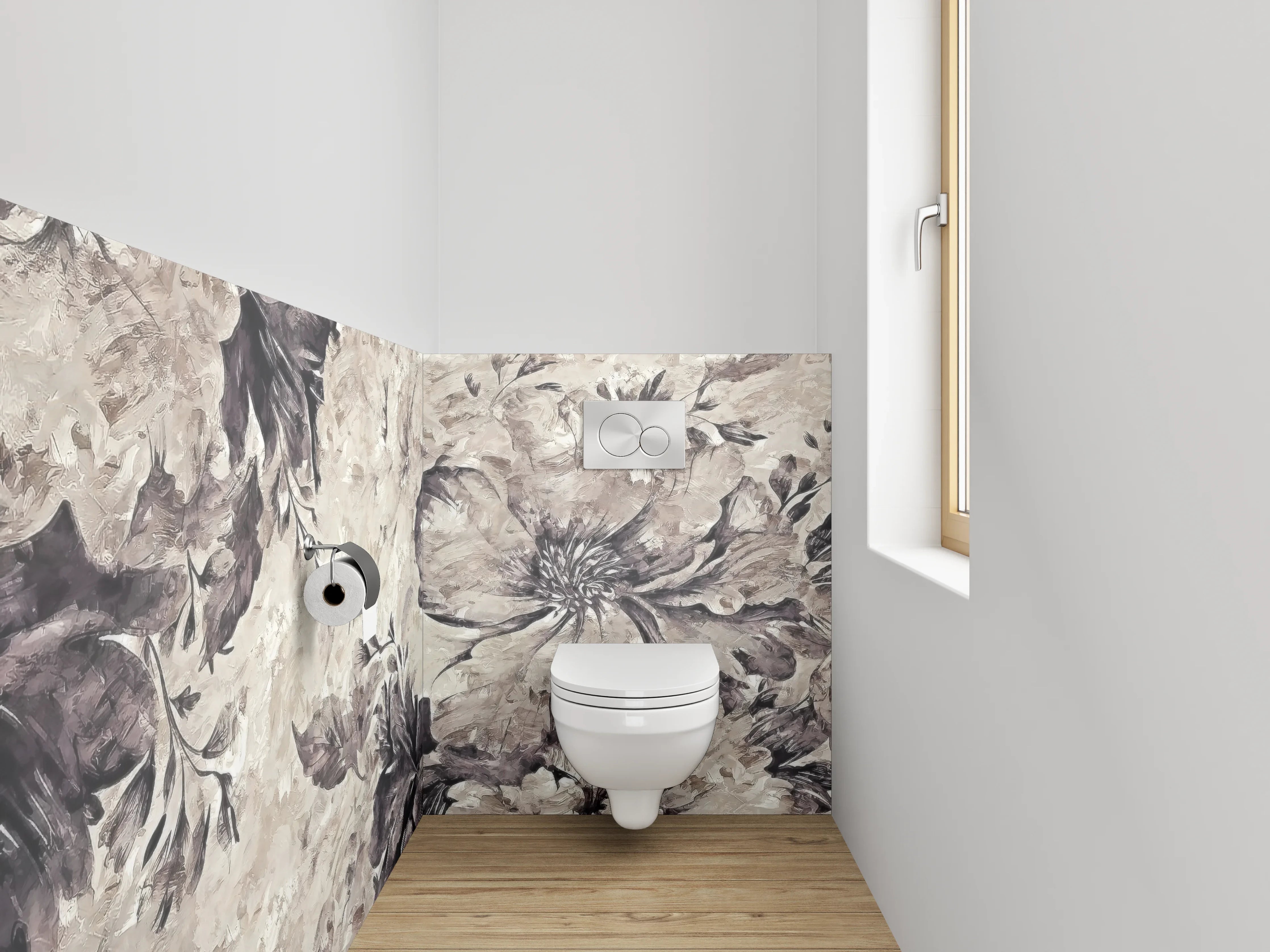 WC-Rückwand - Aquarell-Blumen Beige Grau Schwarz