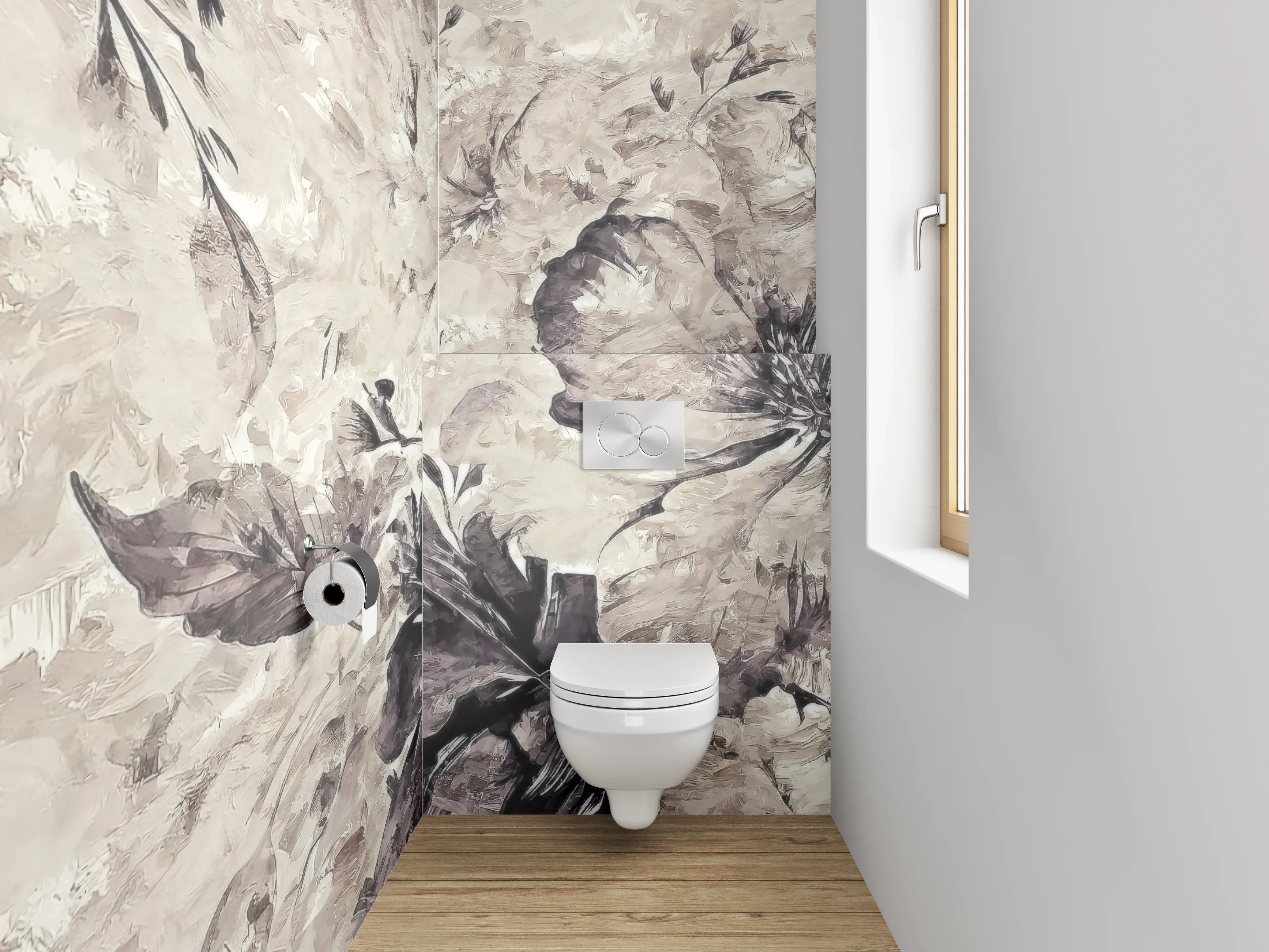 WC-Rückwand - Aquarell-Blumen Beige Grau Schwarz