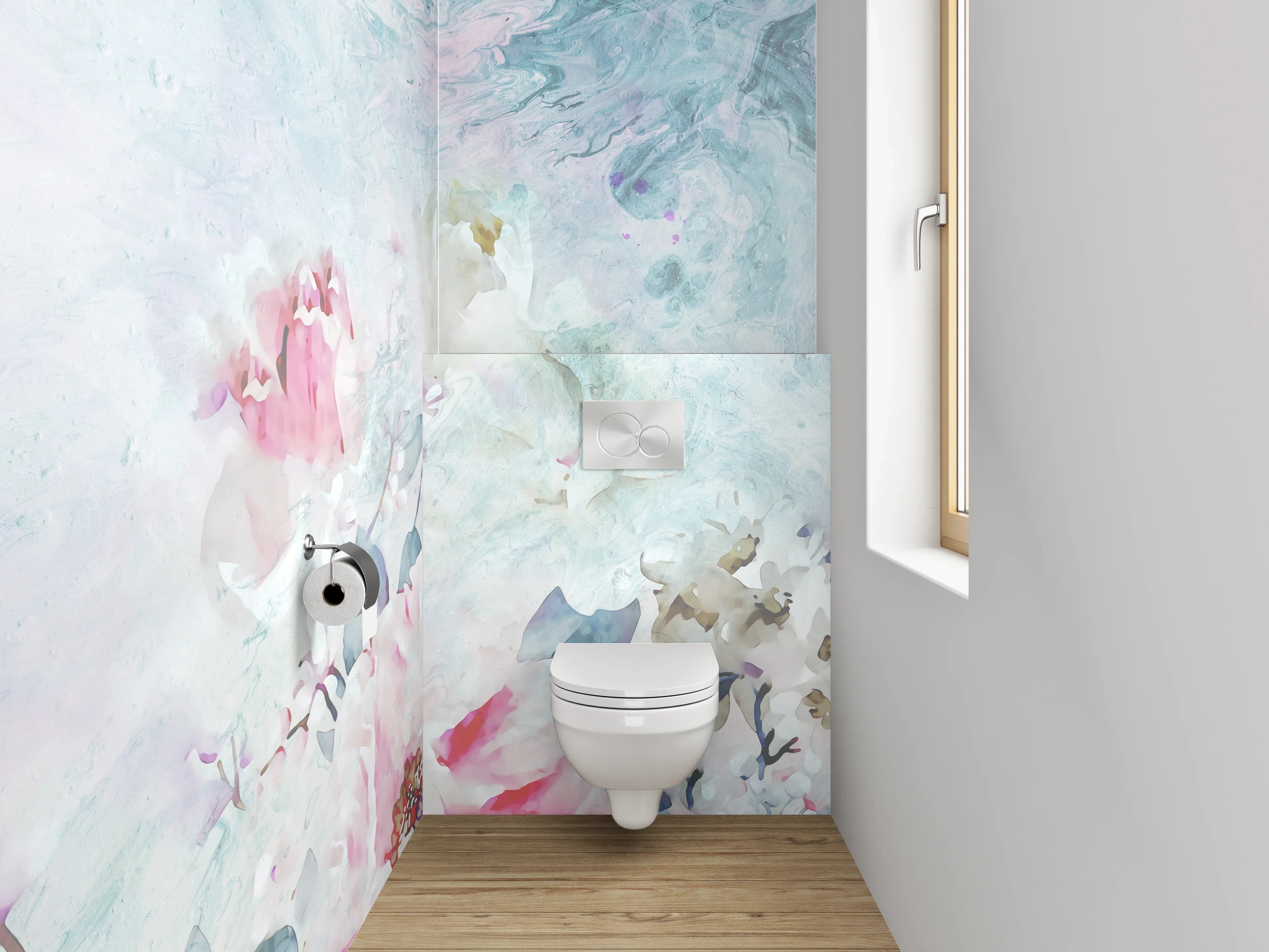 WC-Rückwand - Aquarell Blumen Marmor Optik Weiß