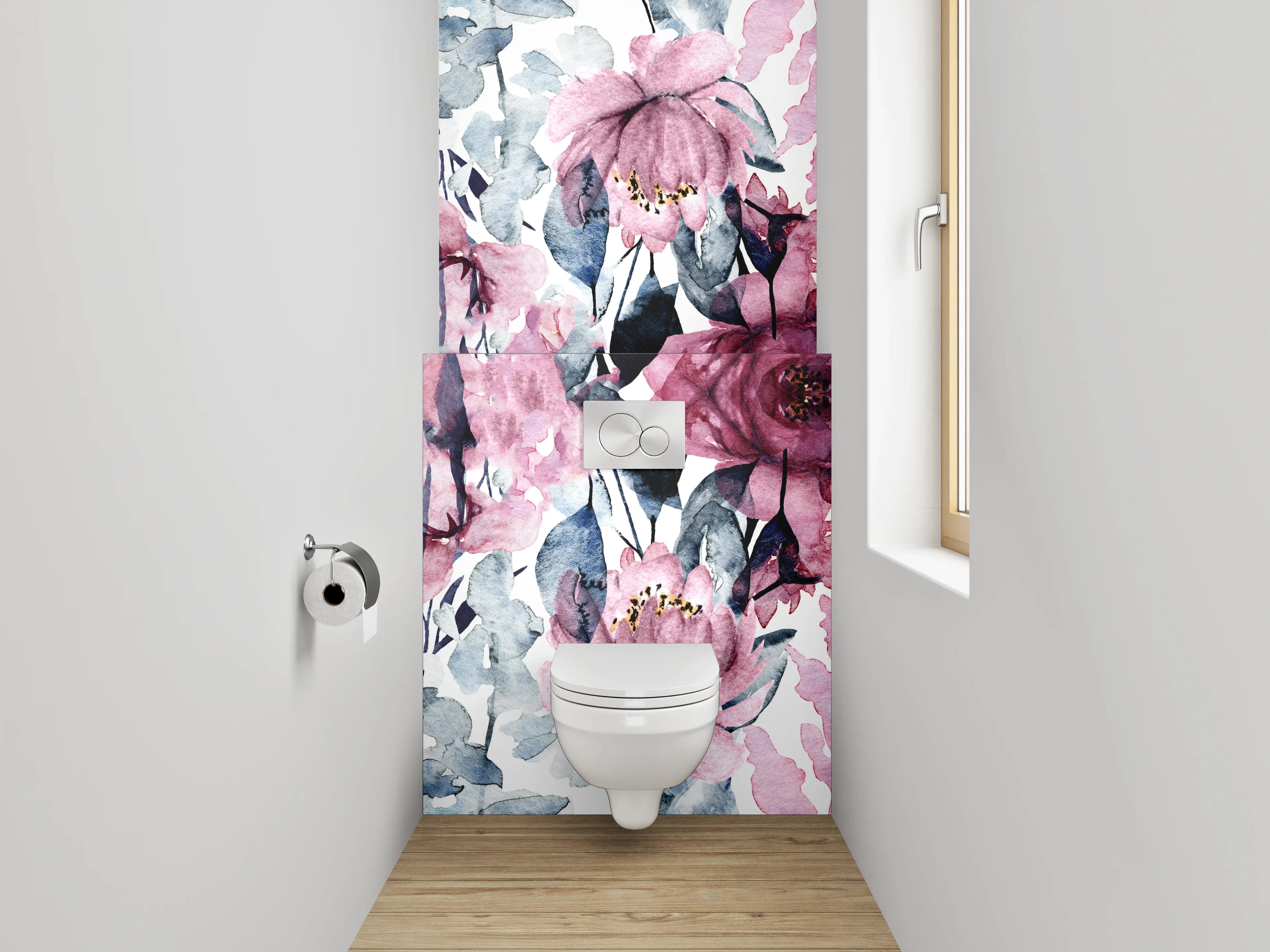 WC-Rückwand - Aquarell Blumen Rosa Grau Weiß