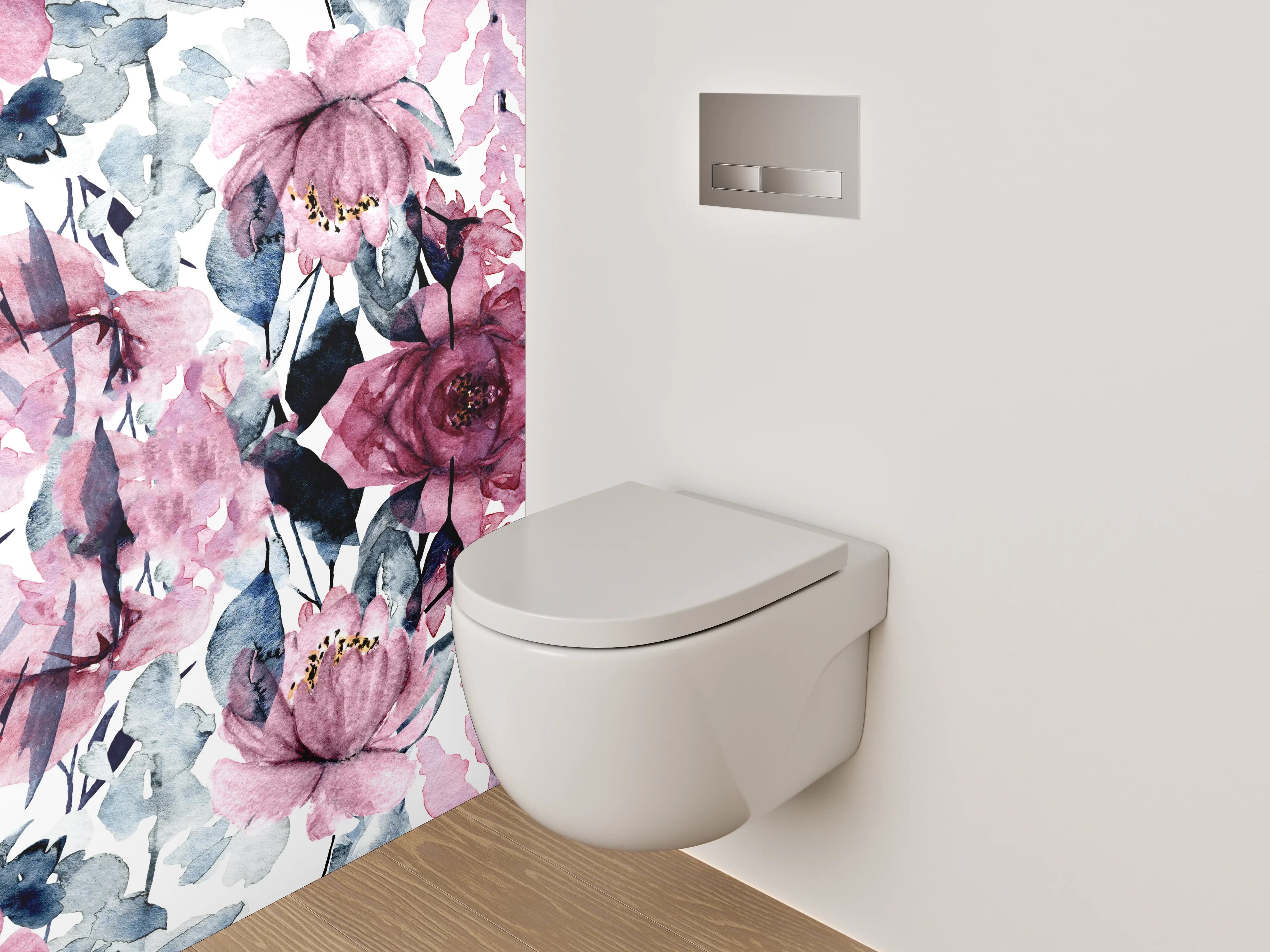 WC-Rückwand - Aquarell Blumen Rosa Grau Weiß