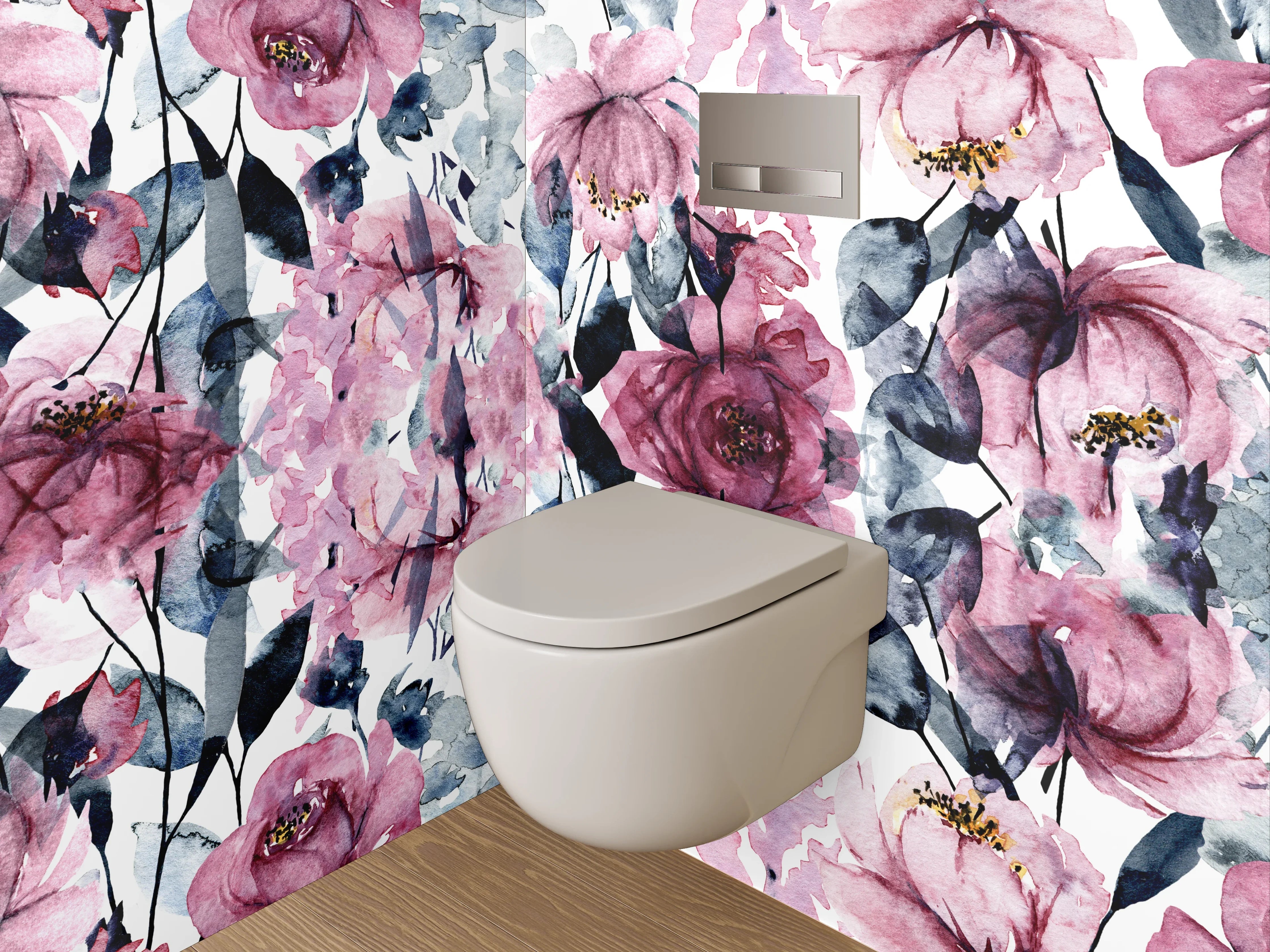 WC-Rückwand - Aquarell Blumen Rosa Grau Weiß