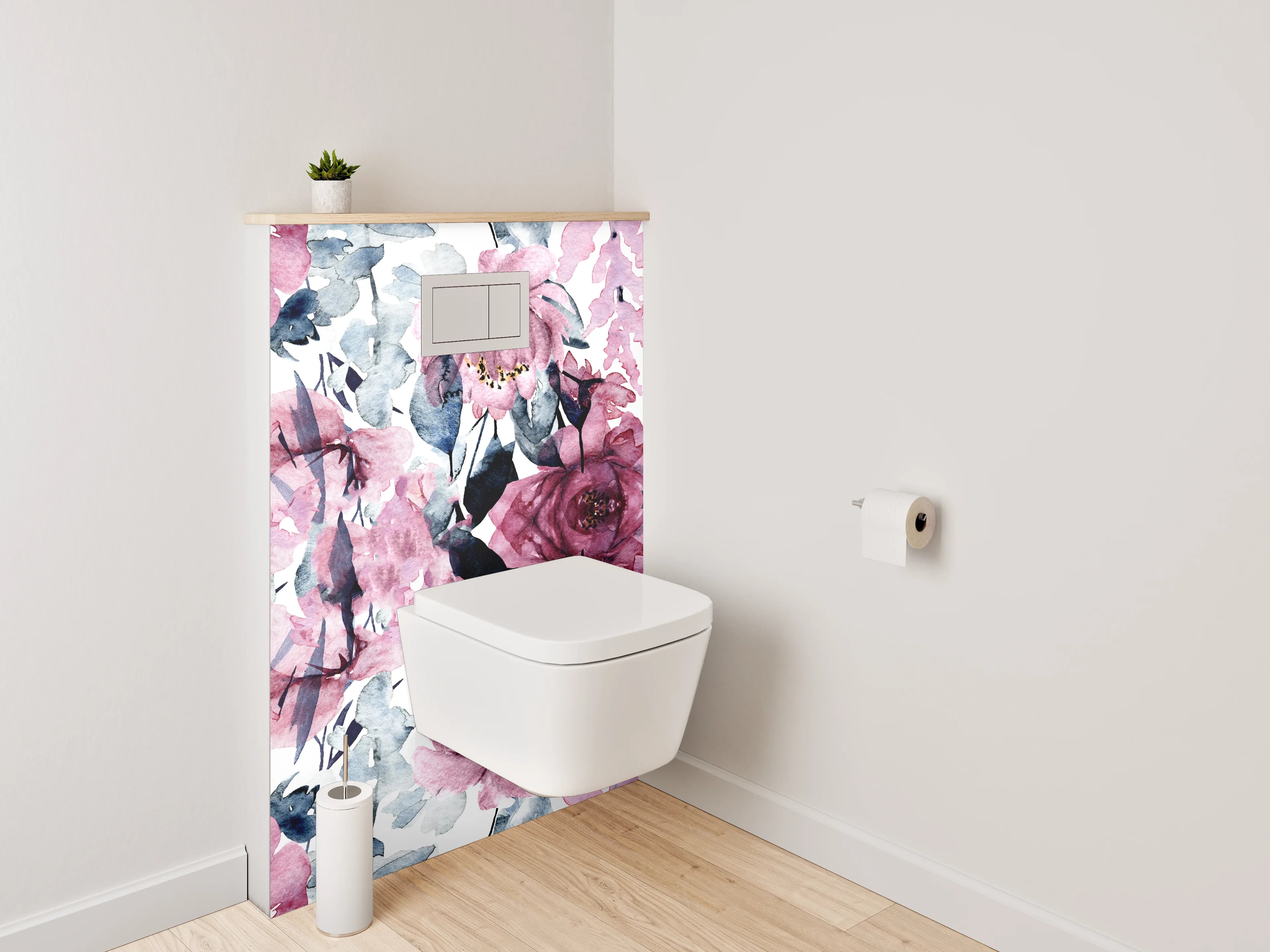 WC-Rückwand - Aquarell Blumen Rosa Grau Weiß