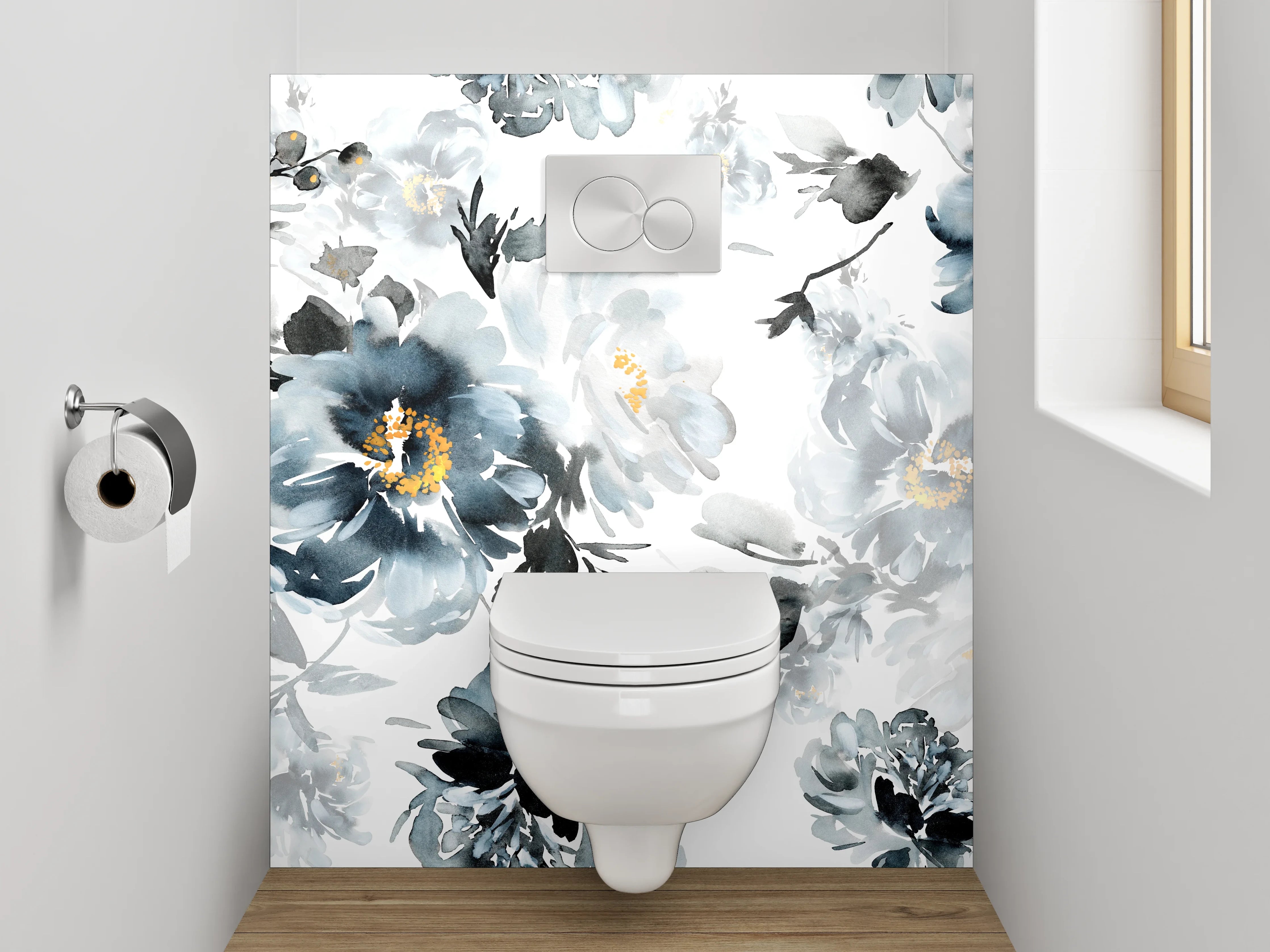 WC-Rückwand - Aquarell Blumen Schwarz-Weiß Eleganz