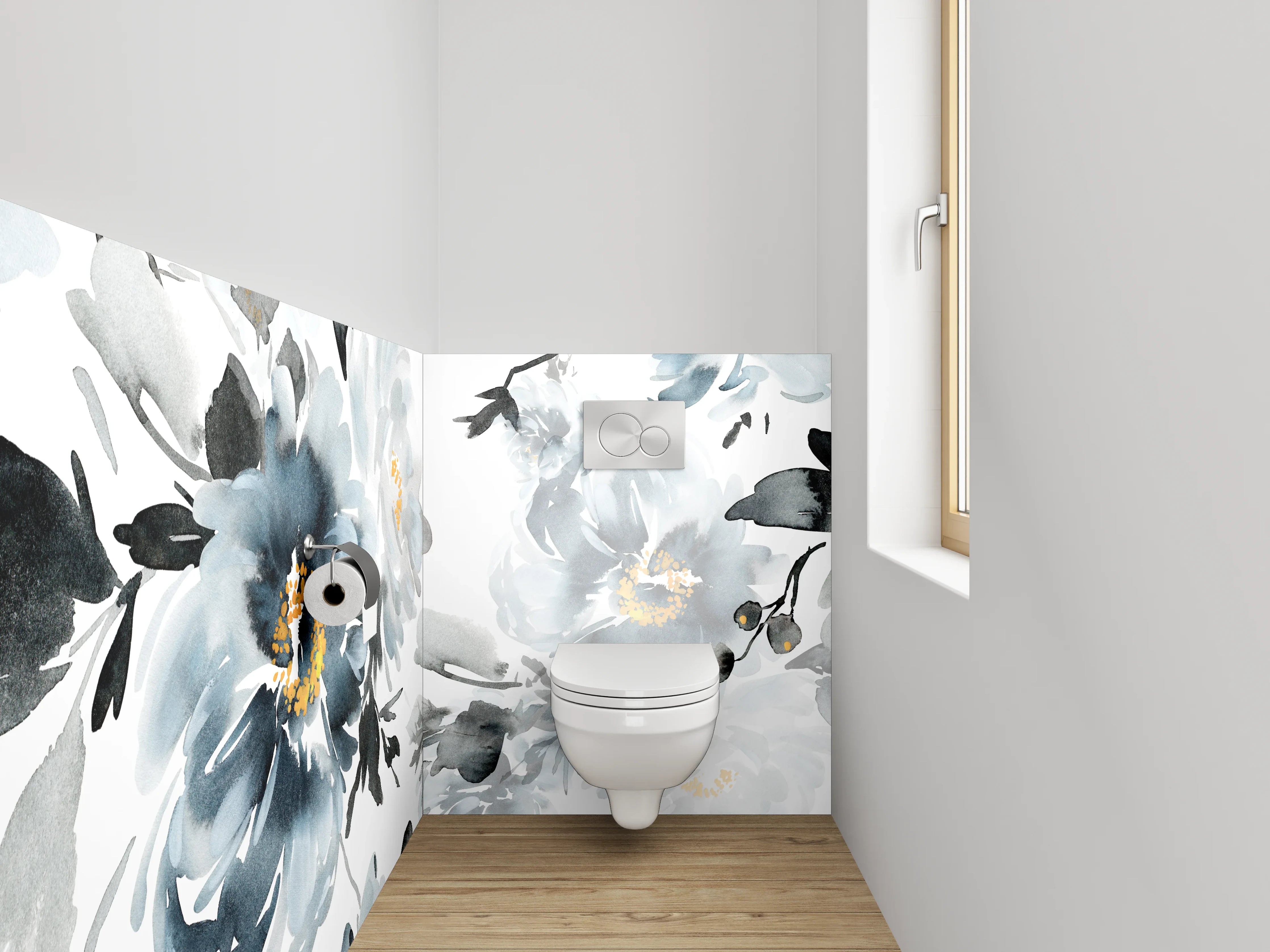 WC-Rückwand - Aquarell Blumen Schwarz-Weiß Eleganz