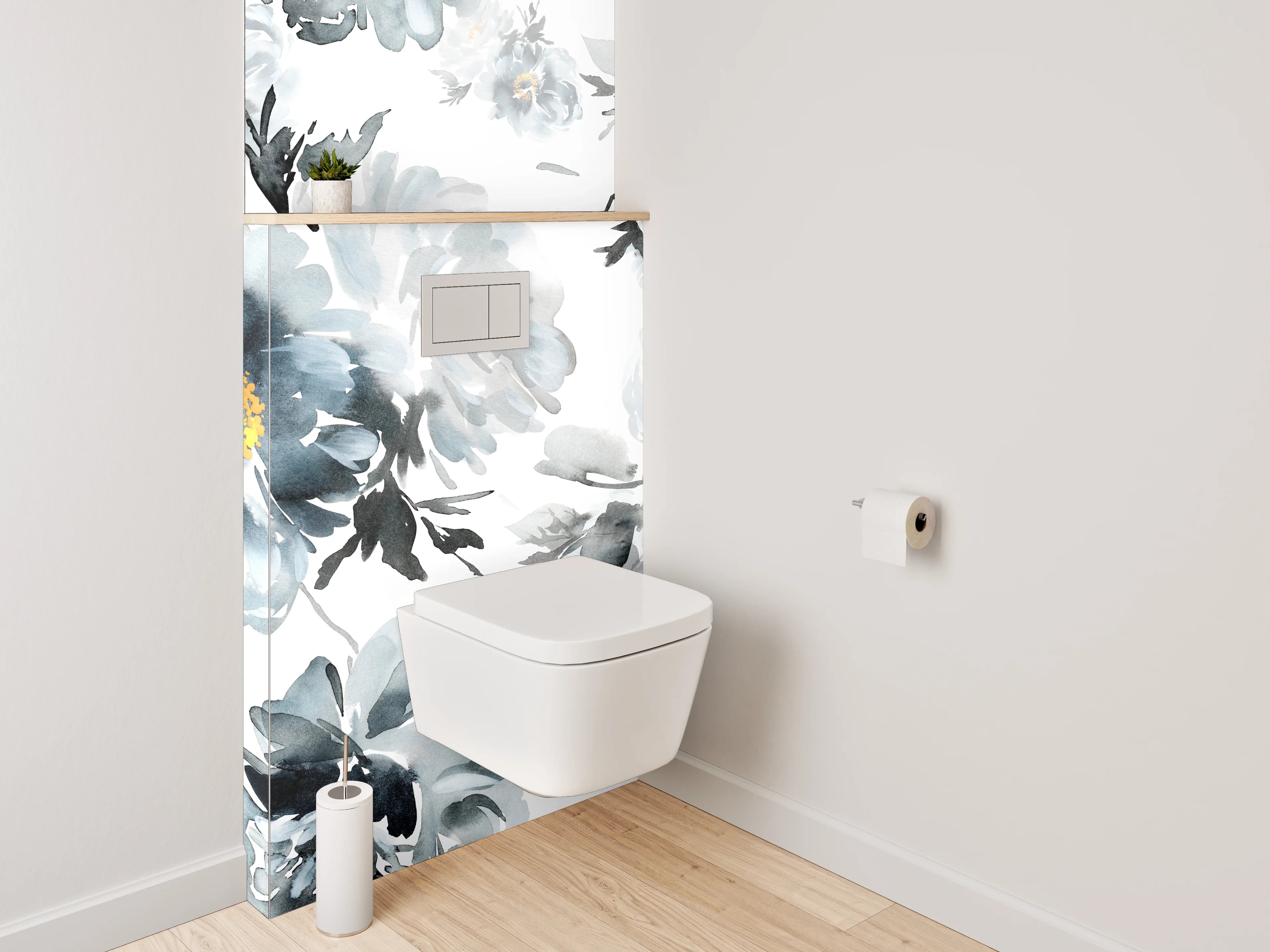 WC-Rückwand - Aquarell Blumen Schwarz-Weiß Eleganz