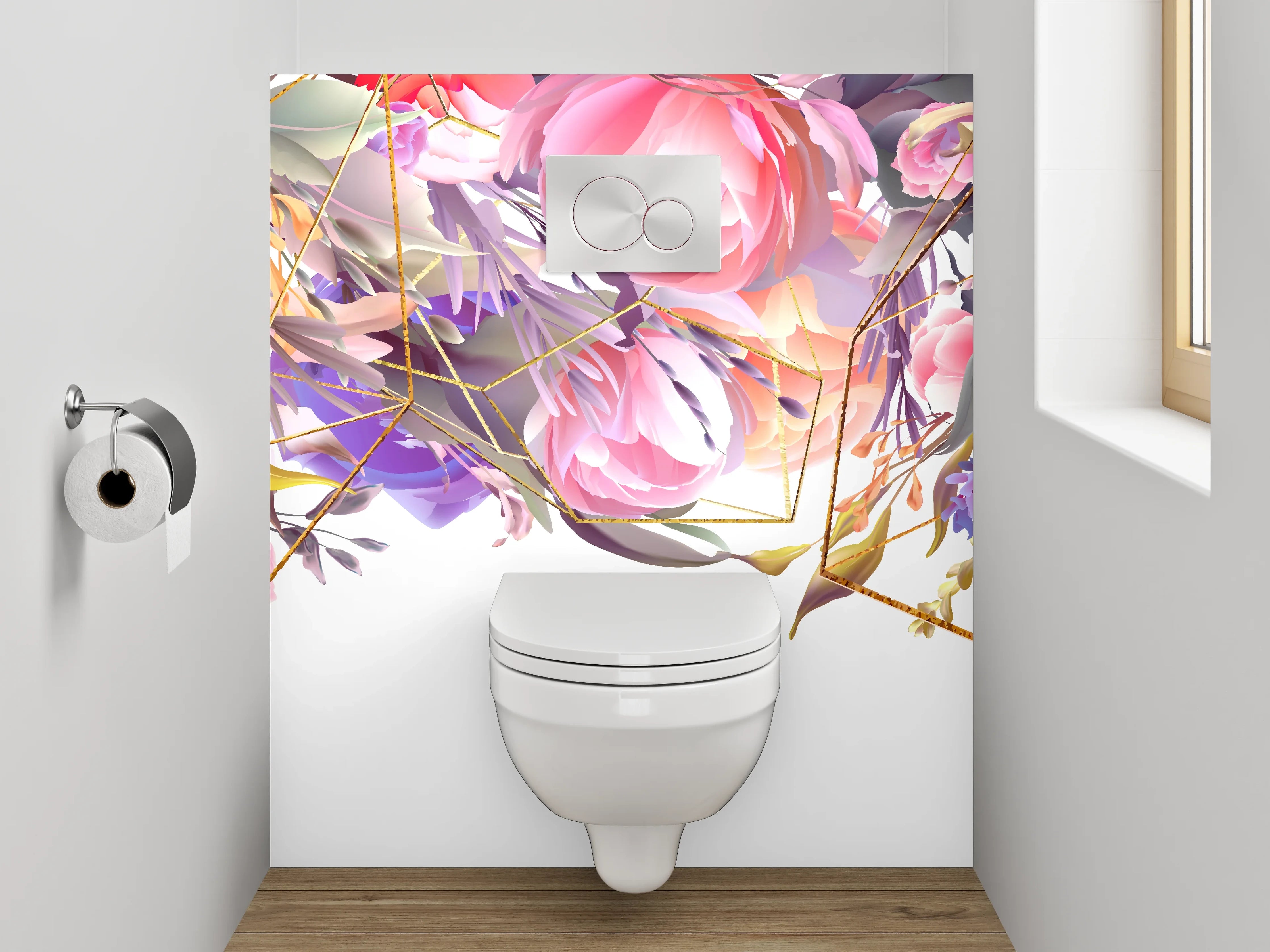 WC-Rückwand - Aquarell Blumen & Gold Geometrie