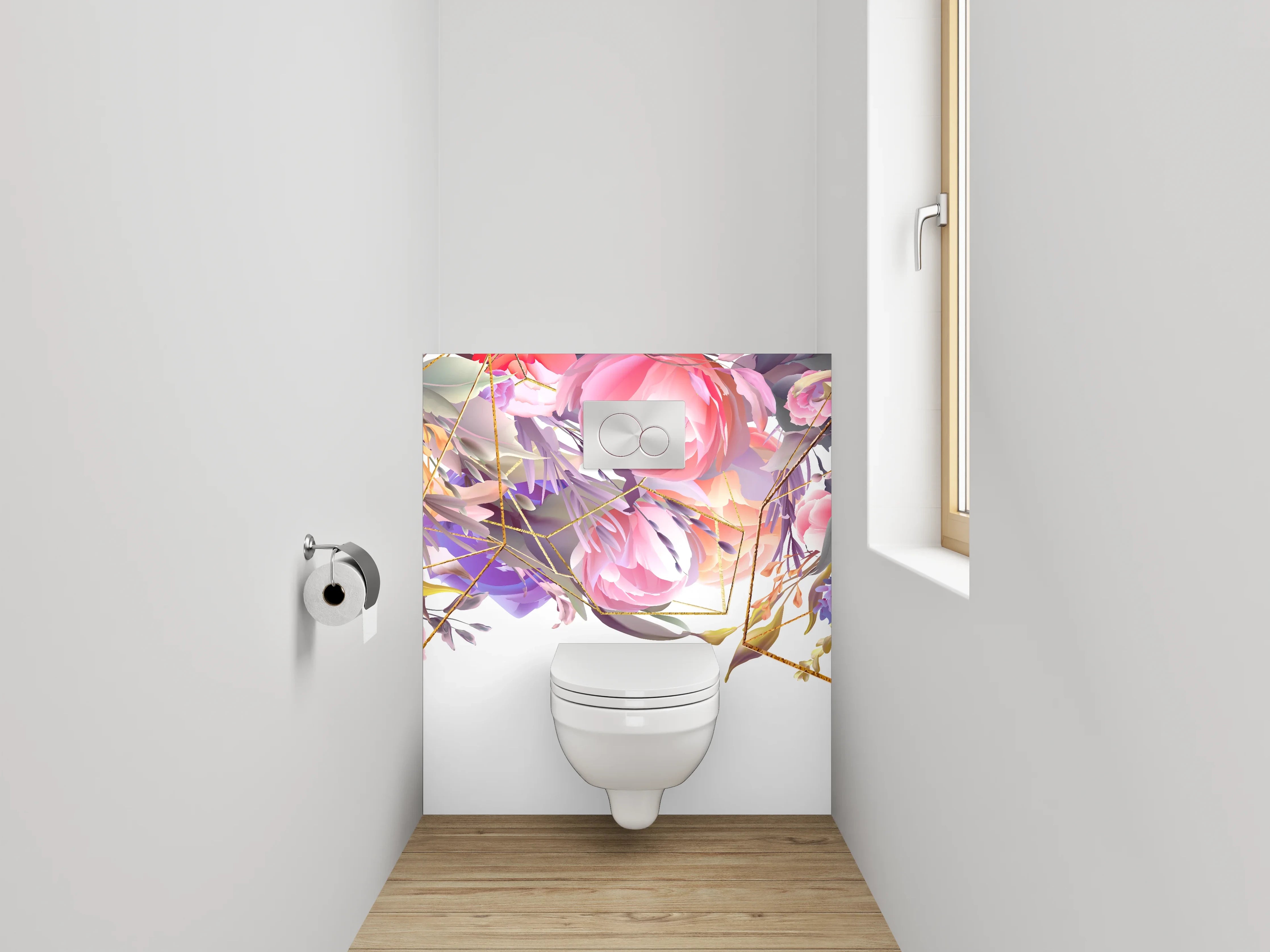 WC-Rückwand - Aquarell Blumen & Gold Geometrie