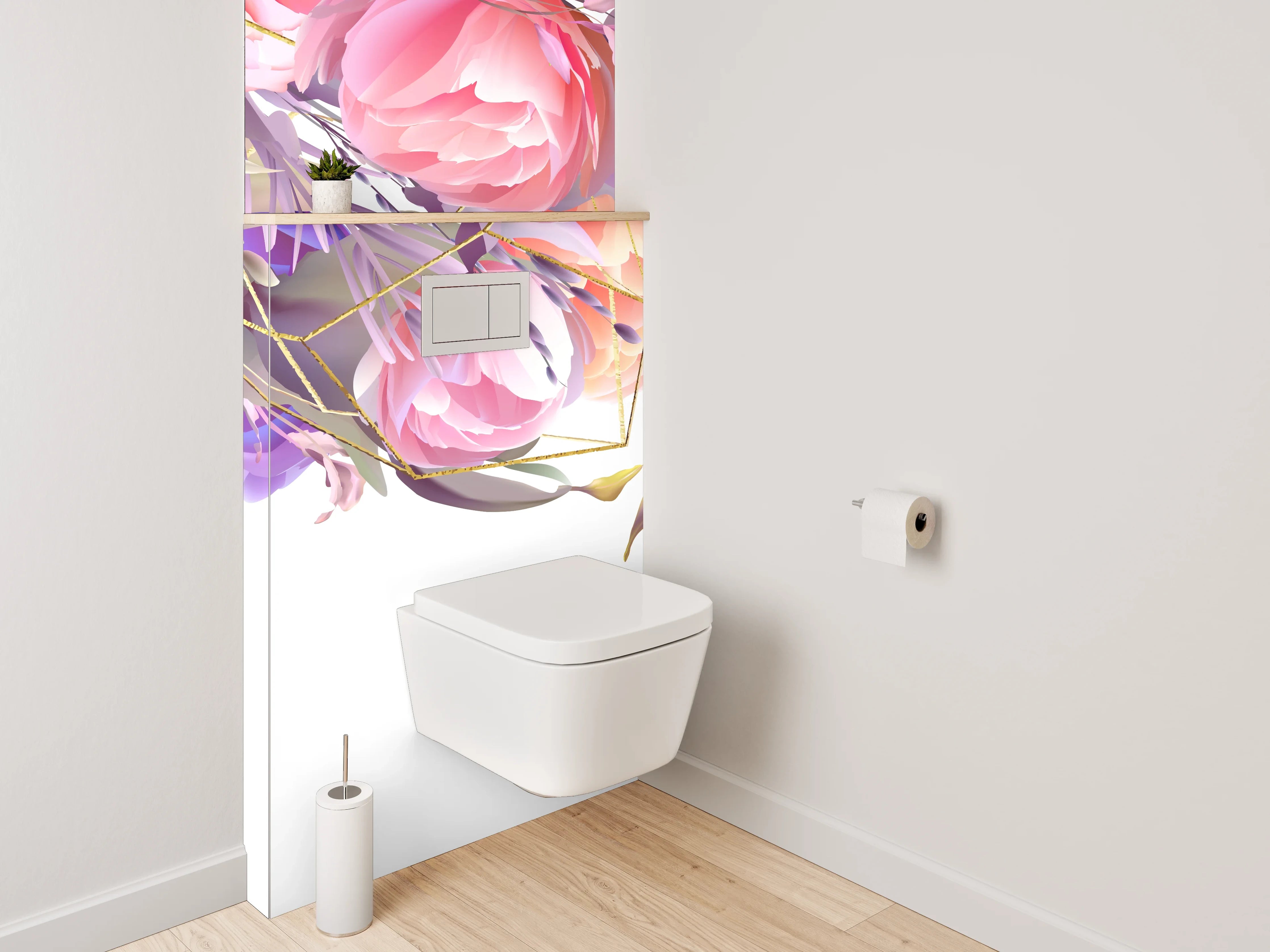 WC-Rückwand - Aquarell Blumen & Gold Geometrie