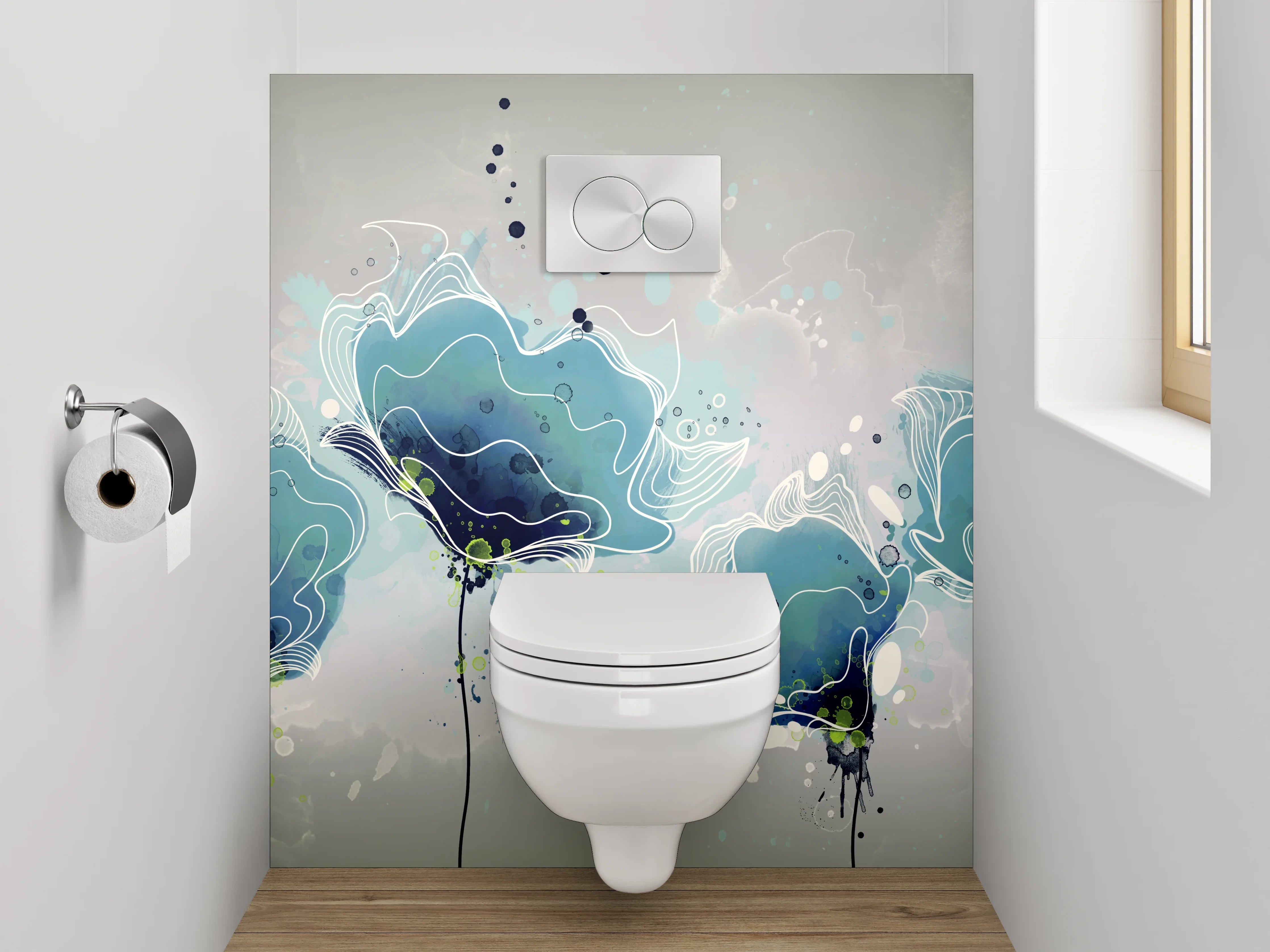 WC-Rückwand - Aquarell Blumen in Blau-Grau