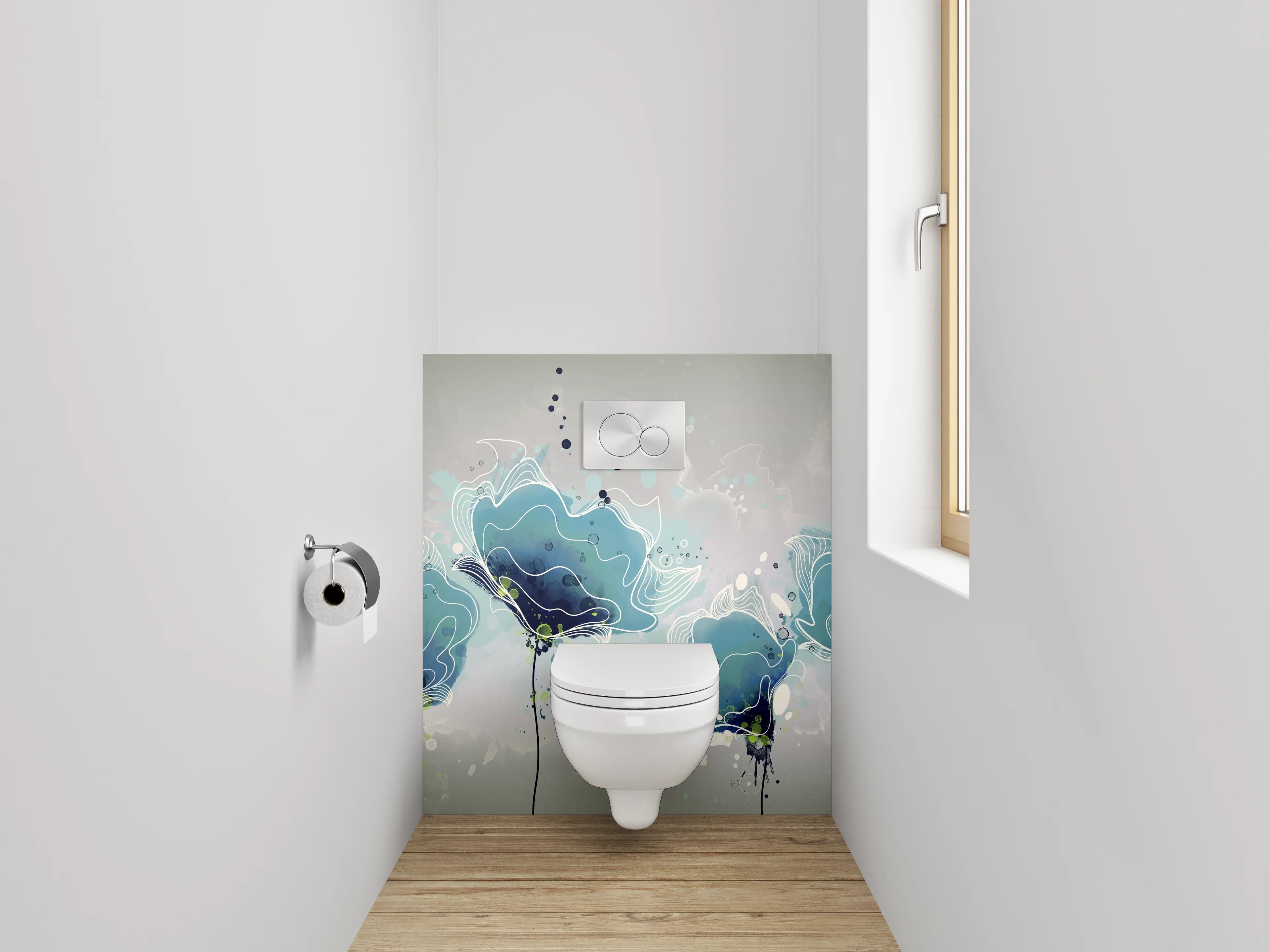 WC-Rückwand - Aquarell Blumen in Blau-Grau