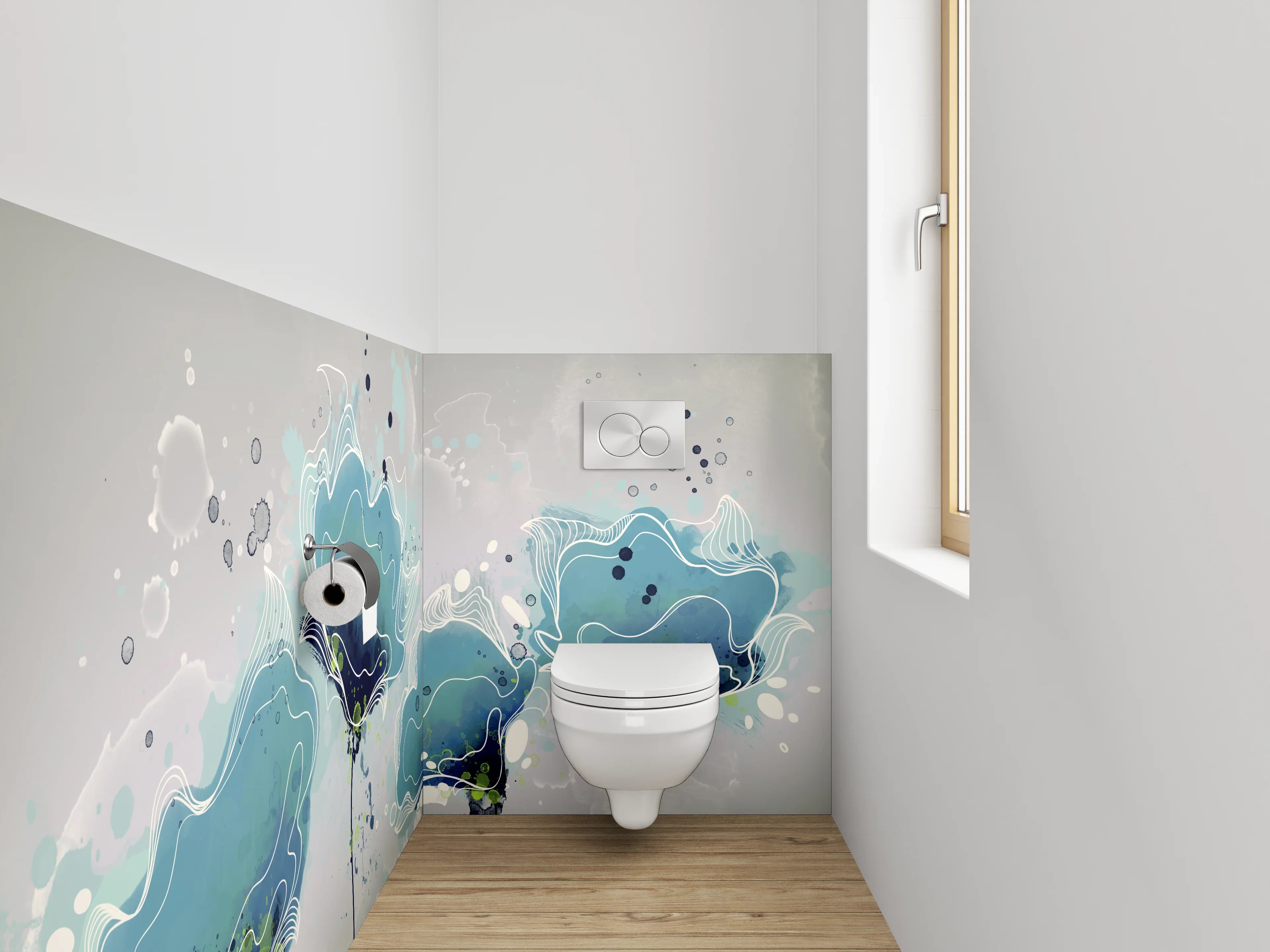 WC-Rückwand - Aquarell Blumen in Blau-Grau