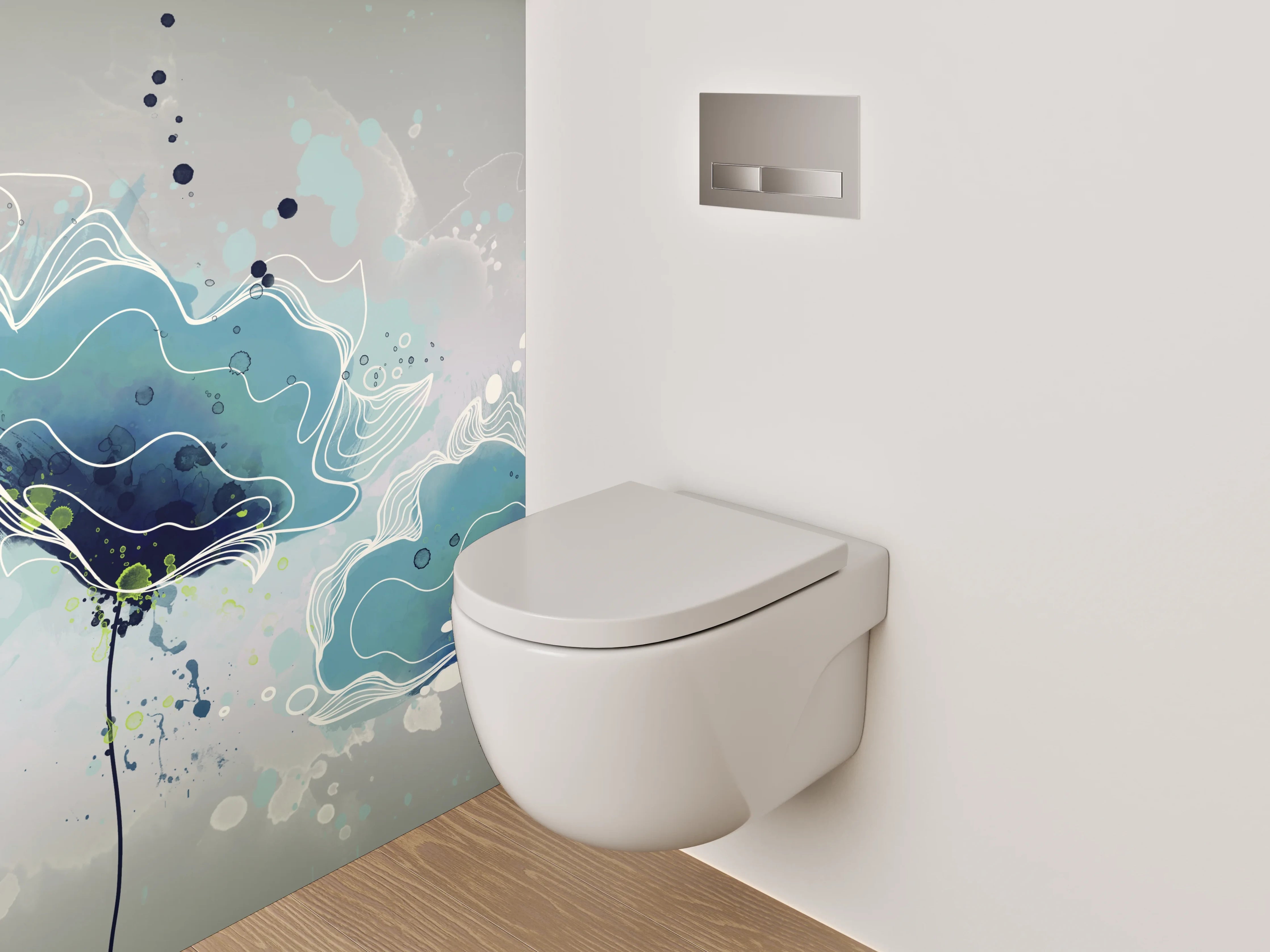 WC-Rückwand - Aquarell Blumen in Blau-Grau