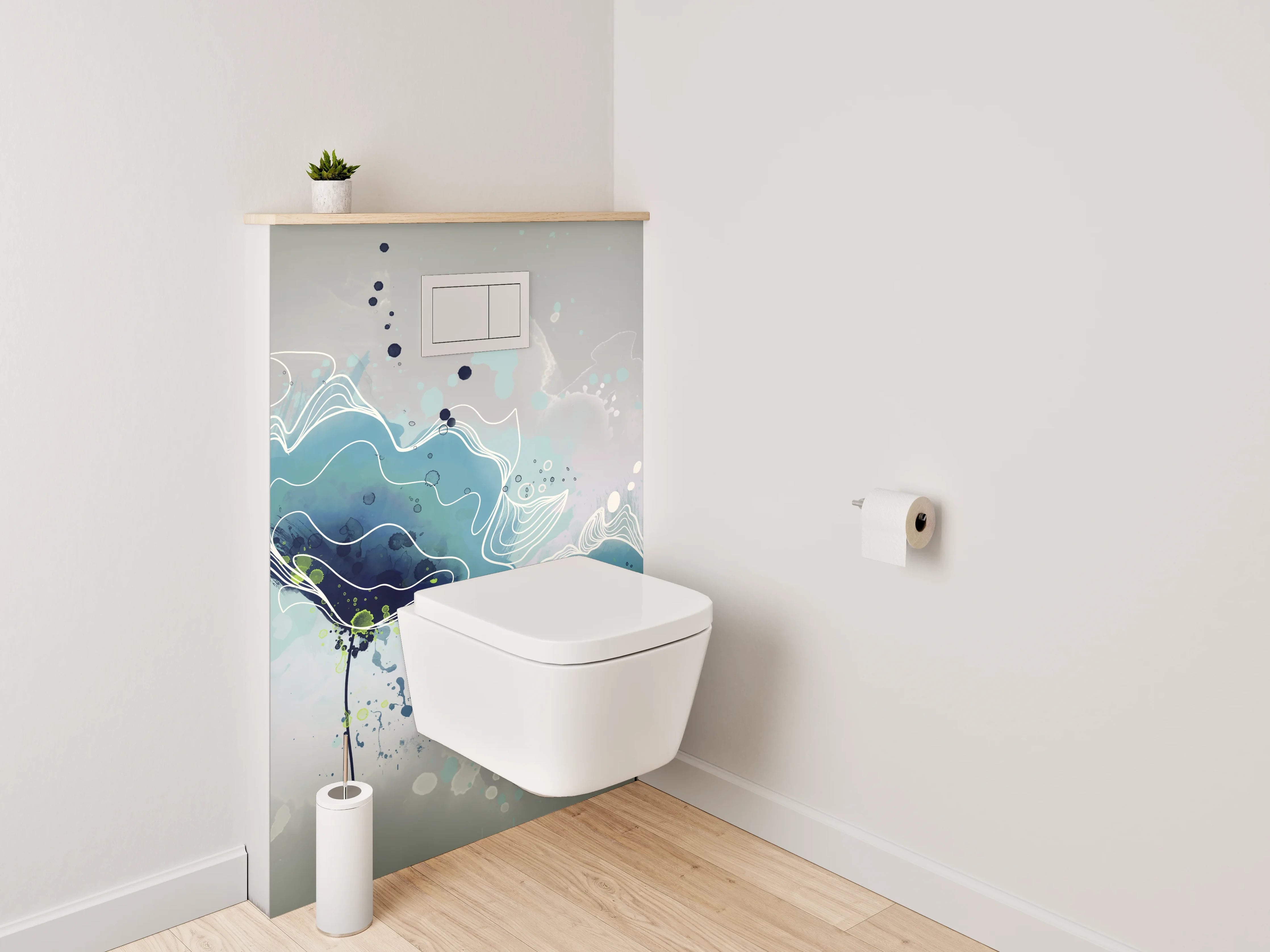 WC-Rückwand - Aquarell Blumen in Blau-Grau