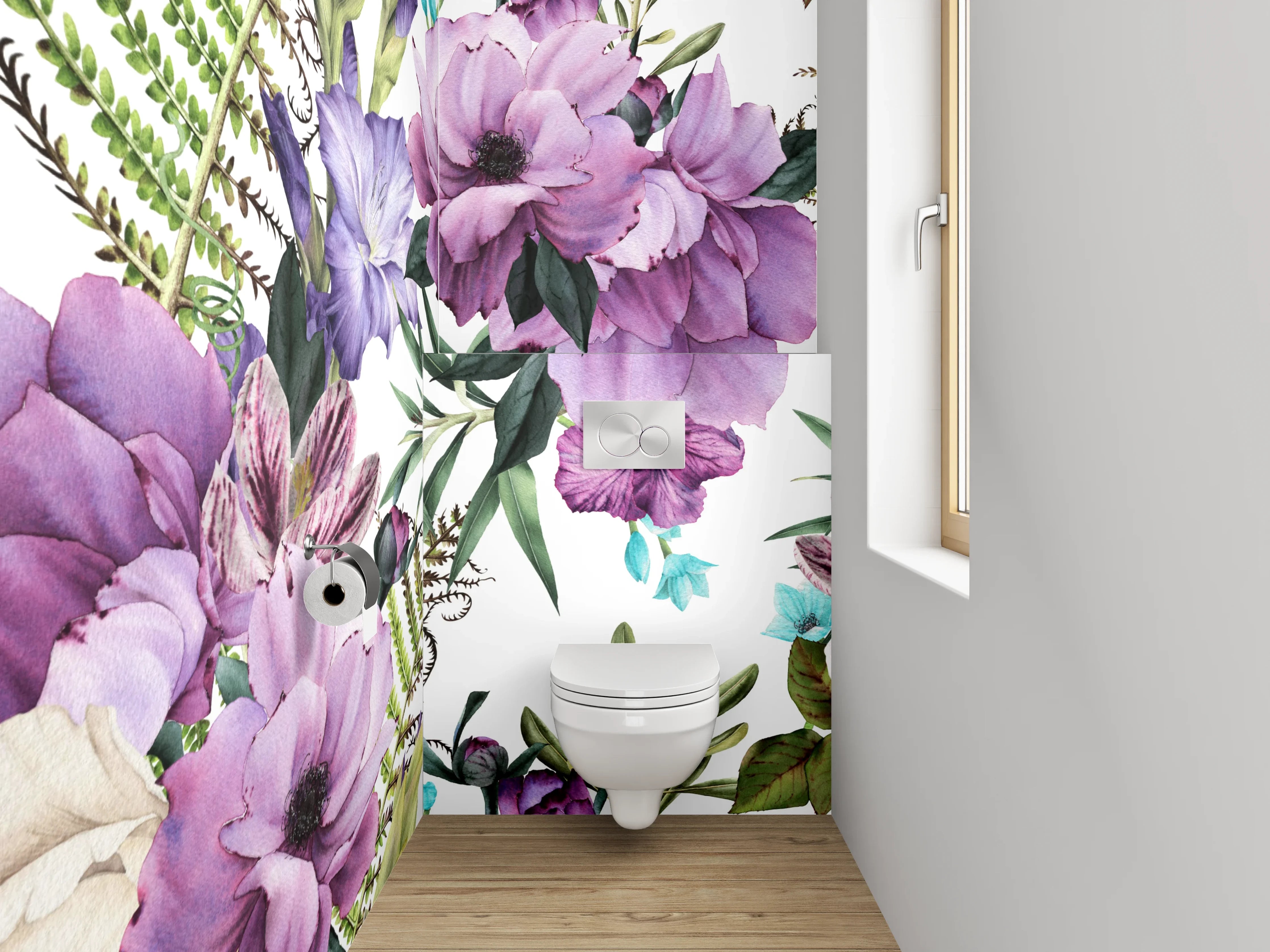 WC-Rückwand - Aquarell Blumenmuster Lila Creme
