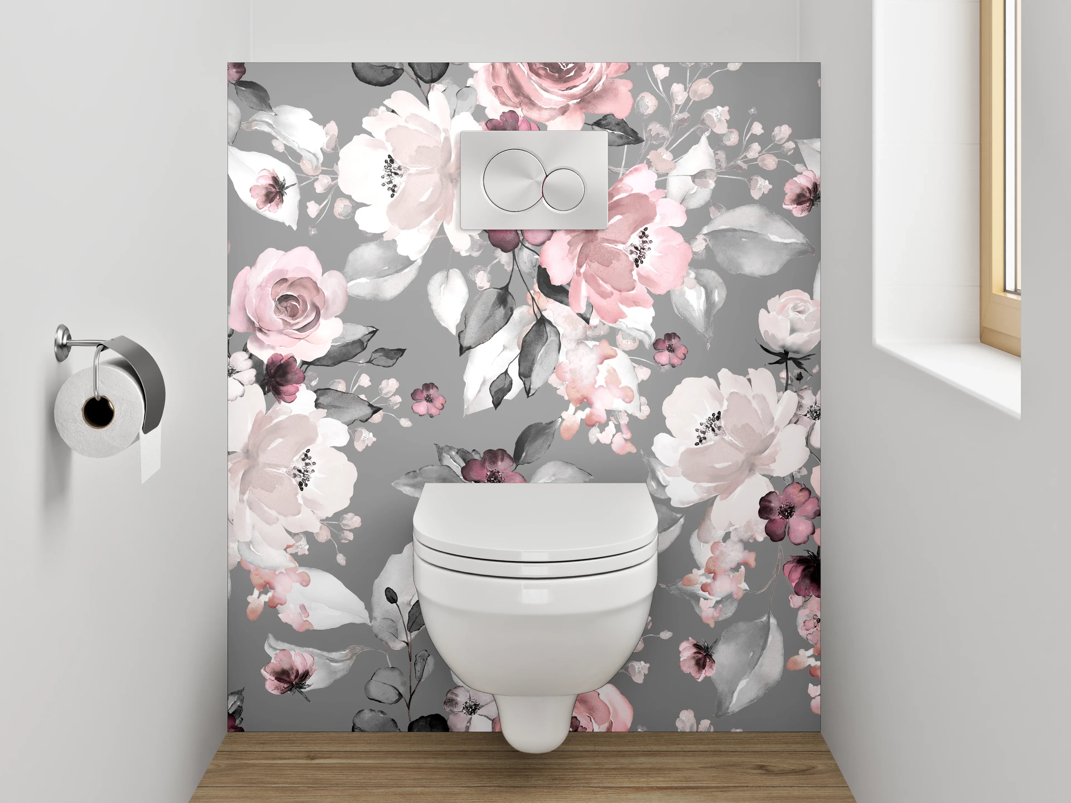 WC-Rückwand - Aquarell Blumenmuster Rosé Grau