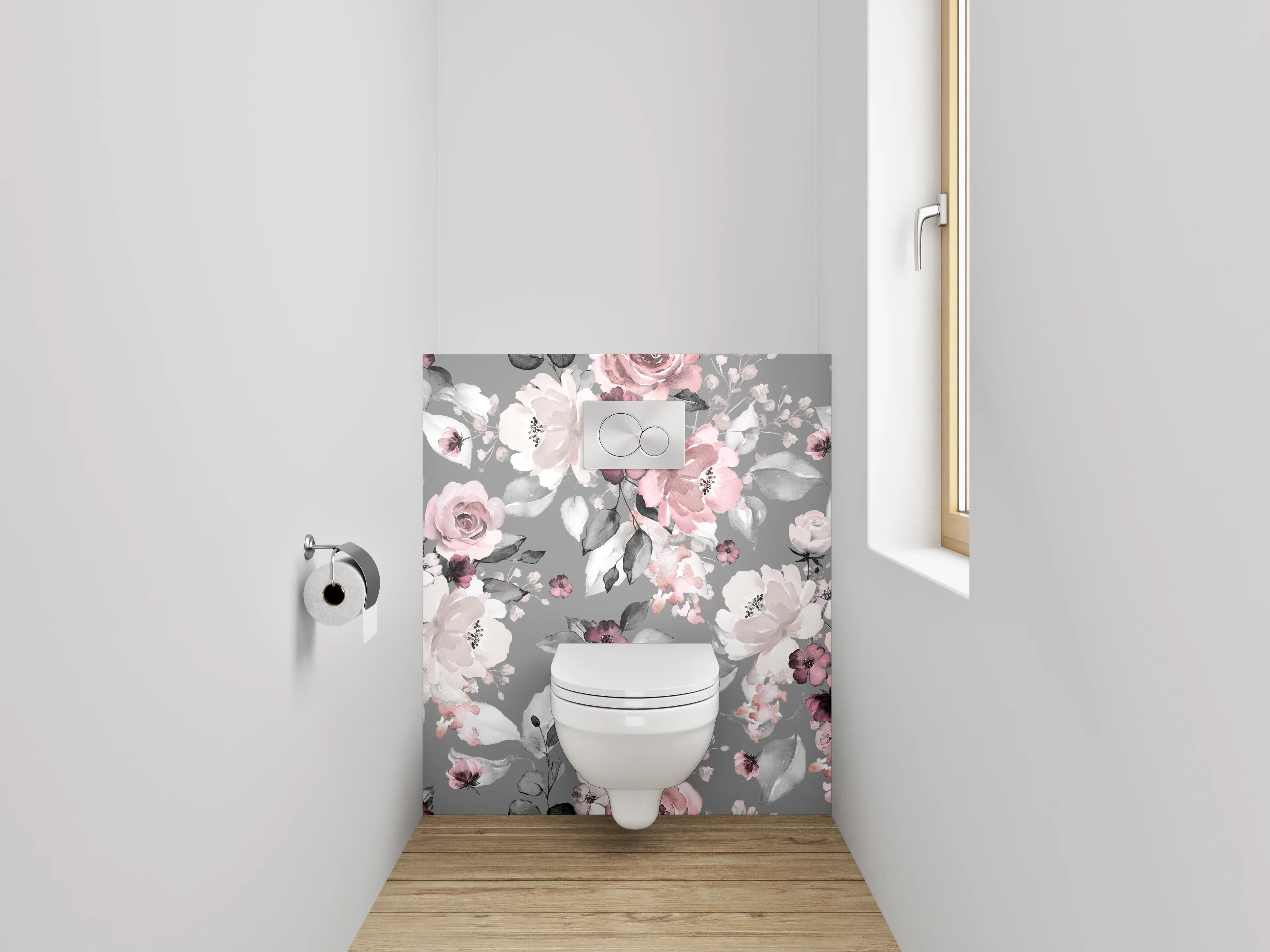 WC-Rückwand - Aquarell Blumenmuster Rosé Grau