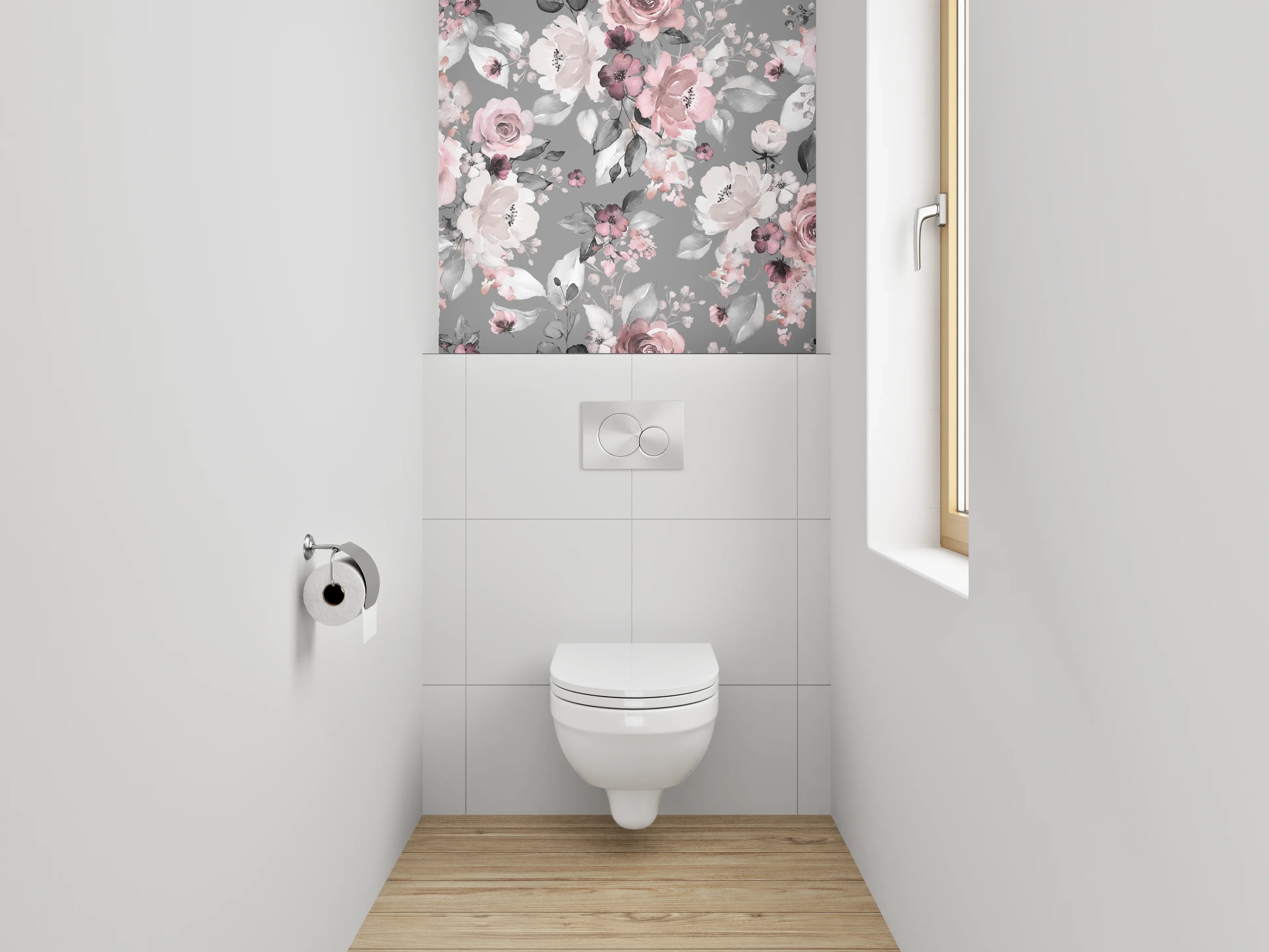 WC-Rückwand - Aquarell Blumenmuster Rosé Grau