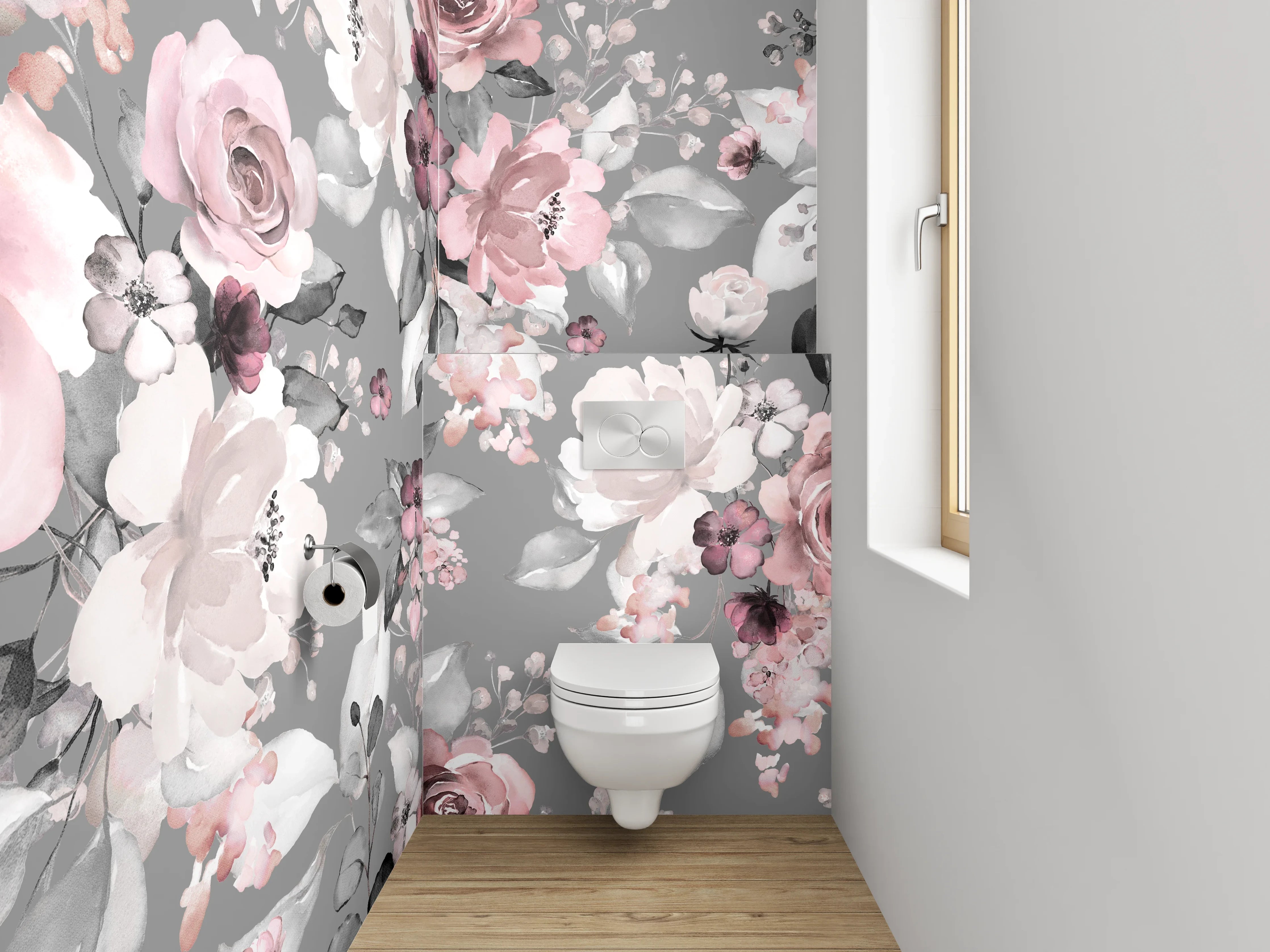WC-Rückwand - Aquarell Blumenmuster Rosé Grau