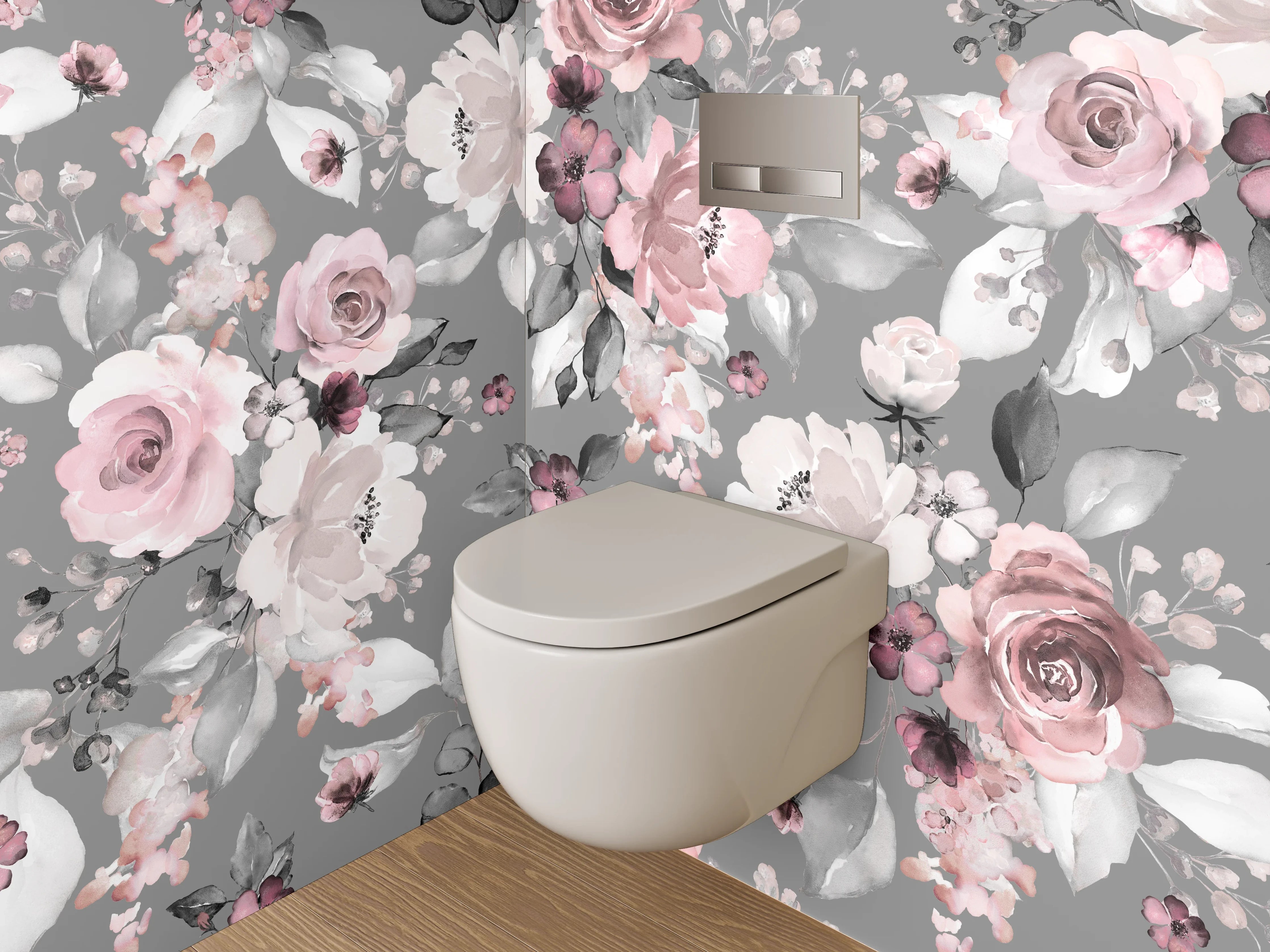 WC-Rückwand - Aquarell Blumenmuster Rosé Grau
