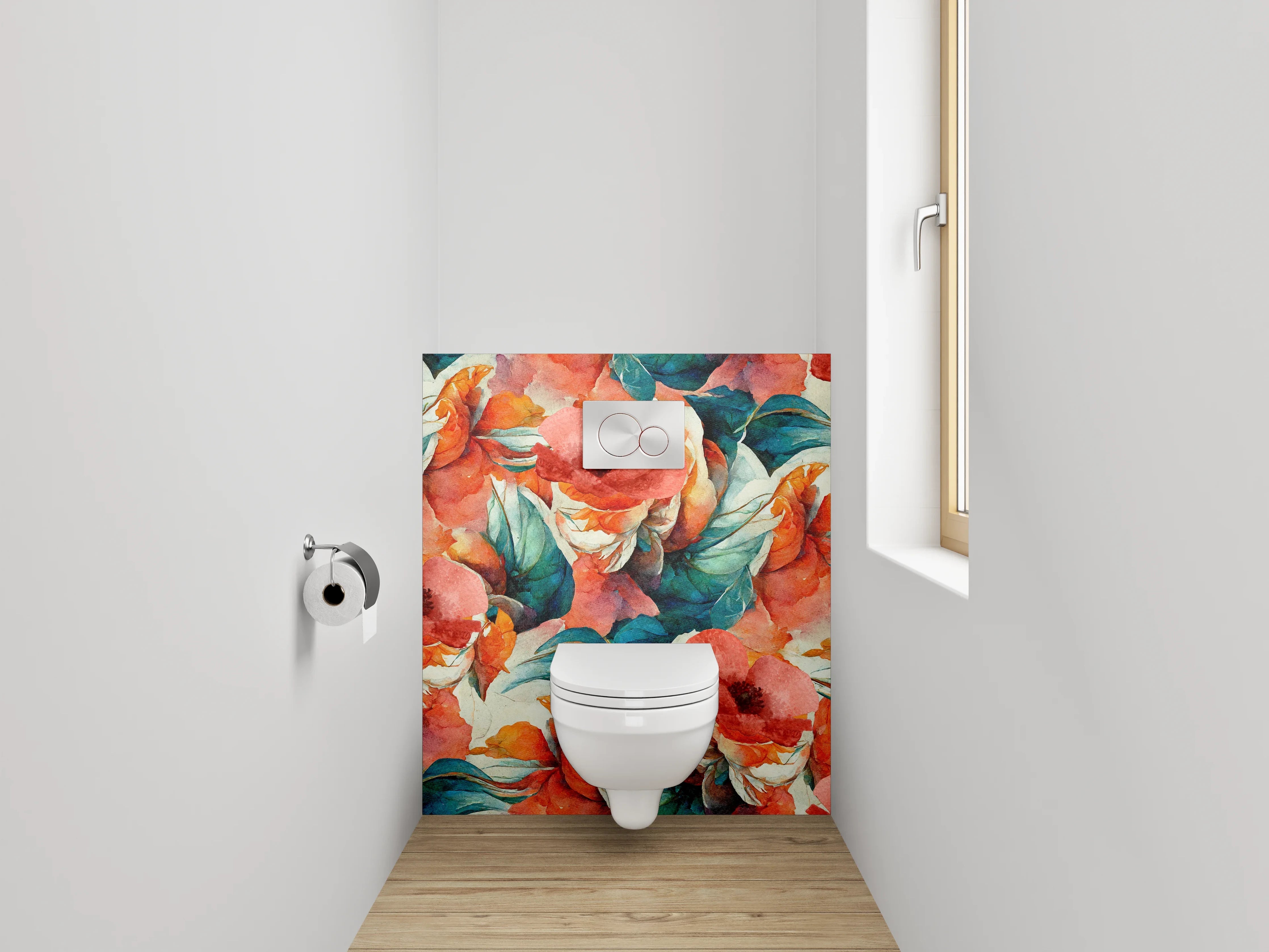 WC-Rückwand - Aquarell Blumenmuster Türkis Koralle