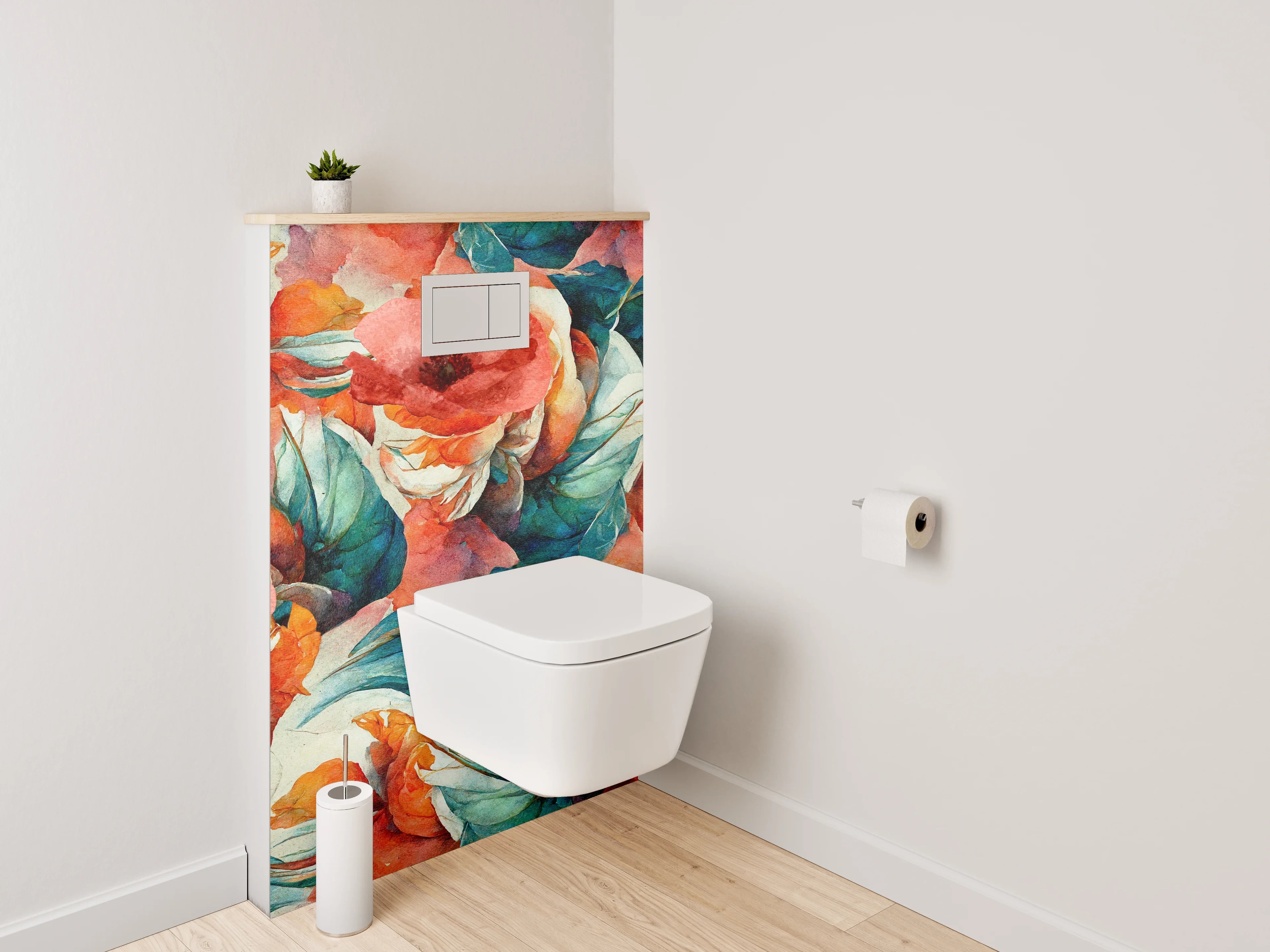 WC-Rückwand - Aquarell Blumenmuster Türkis Koralle