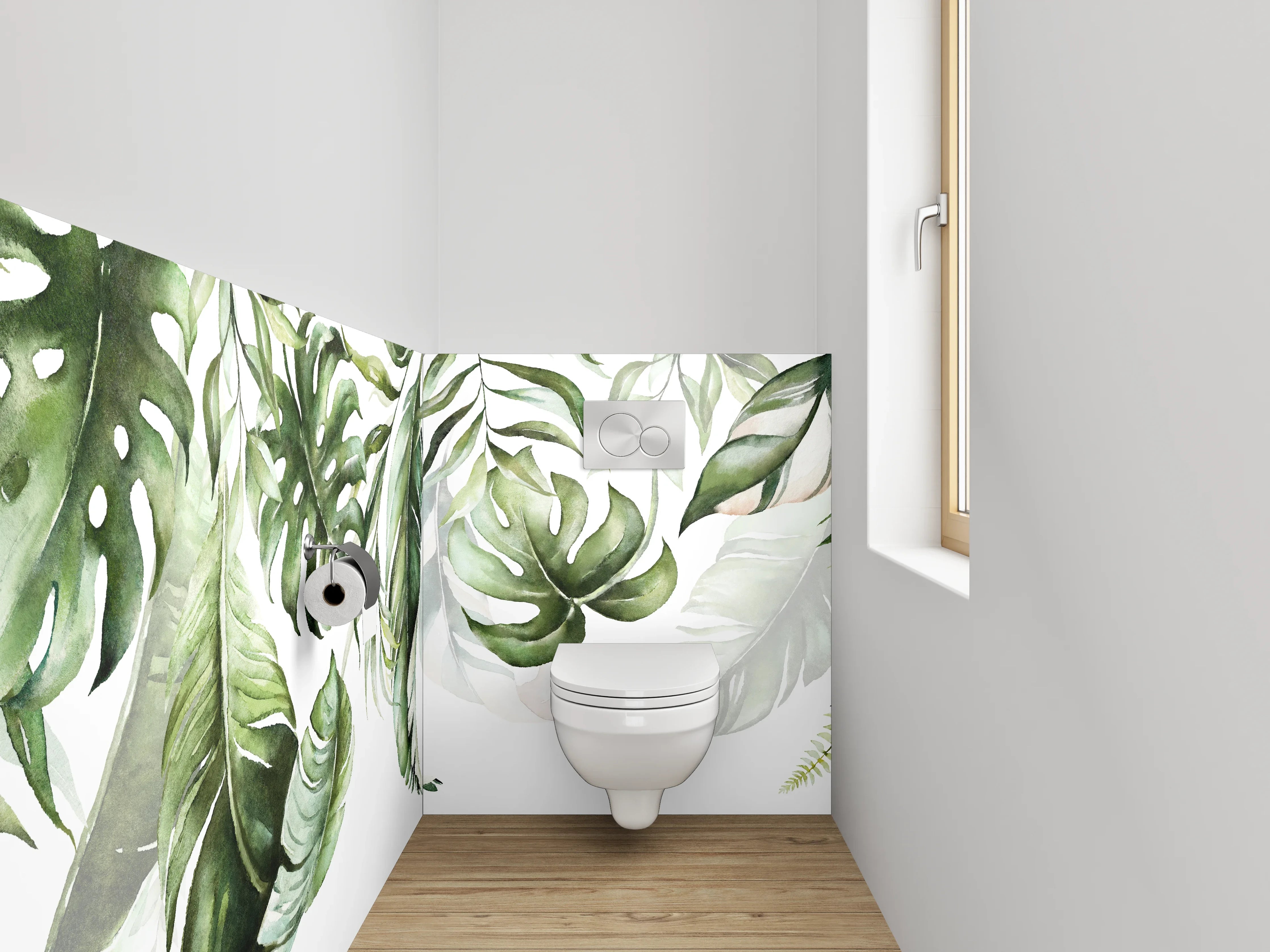 WC-Rückwand - Aquarell Dschungel Blätter Grün Weiß