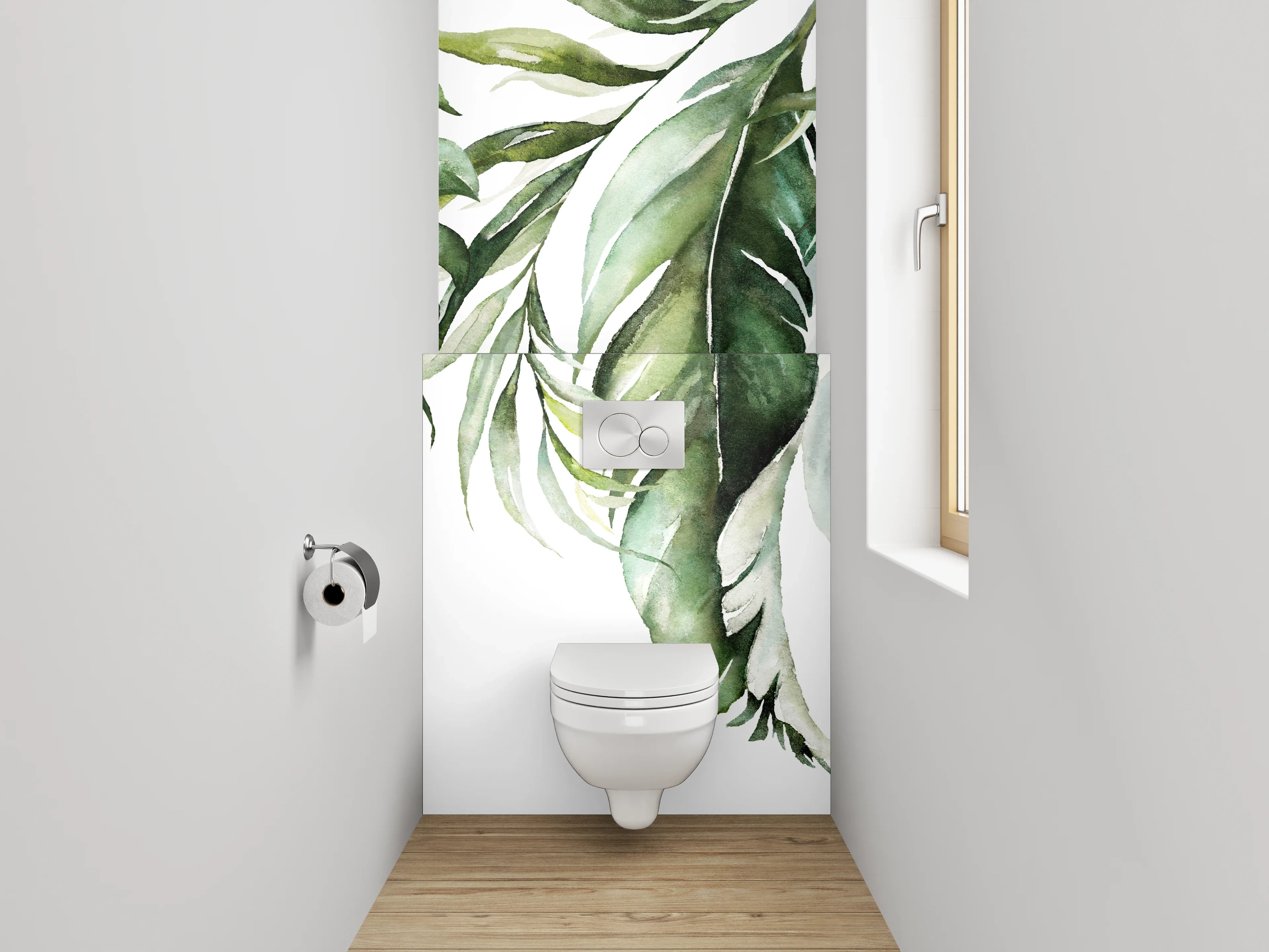 WC-Rückwand - Aquarell Dschungel Blätter Grün Weiß