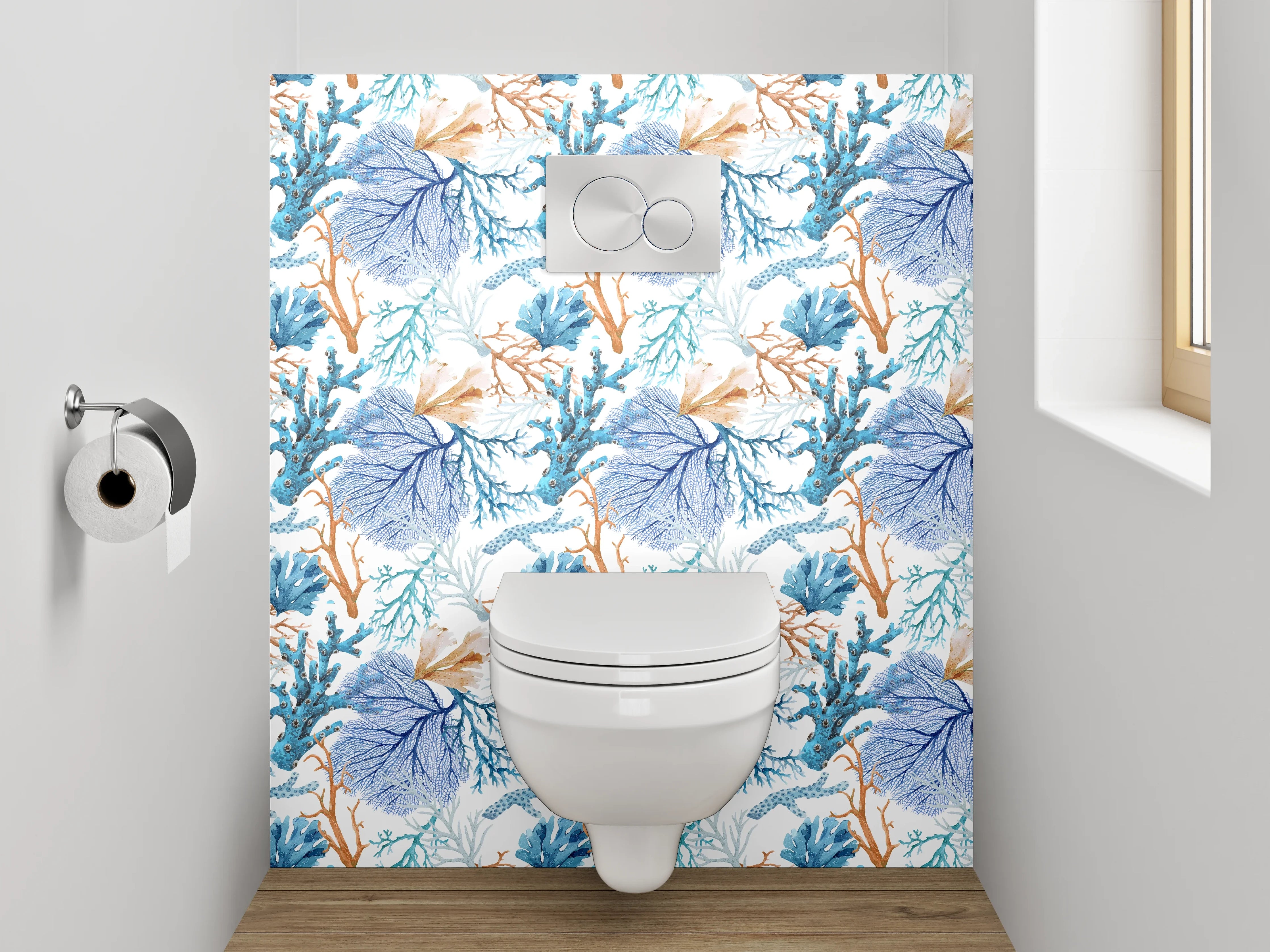WC-Rückwand - Aquarell Korallenmuster Blau-Orange