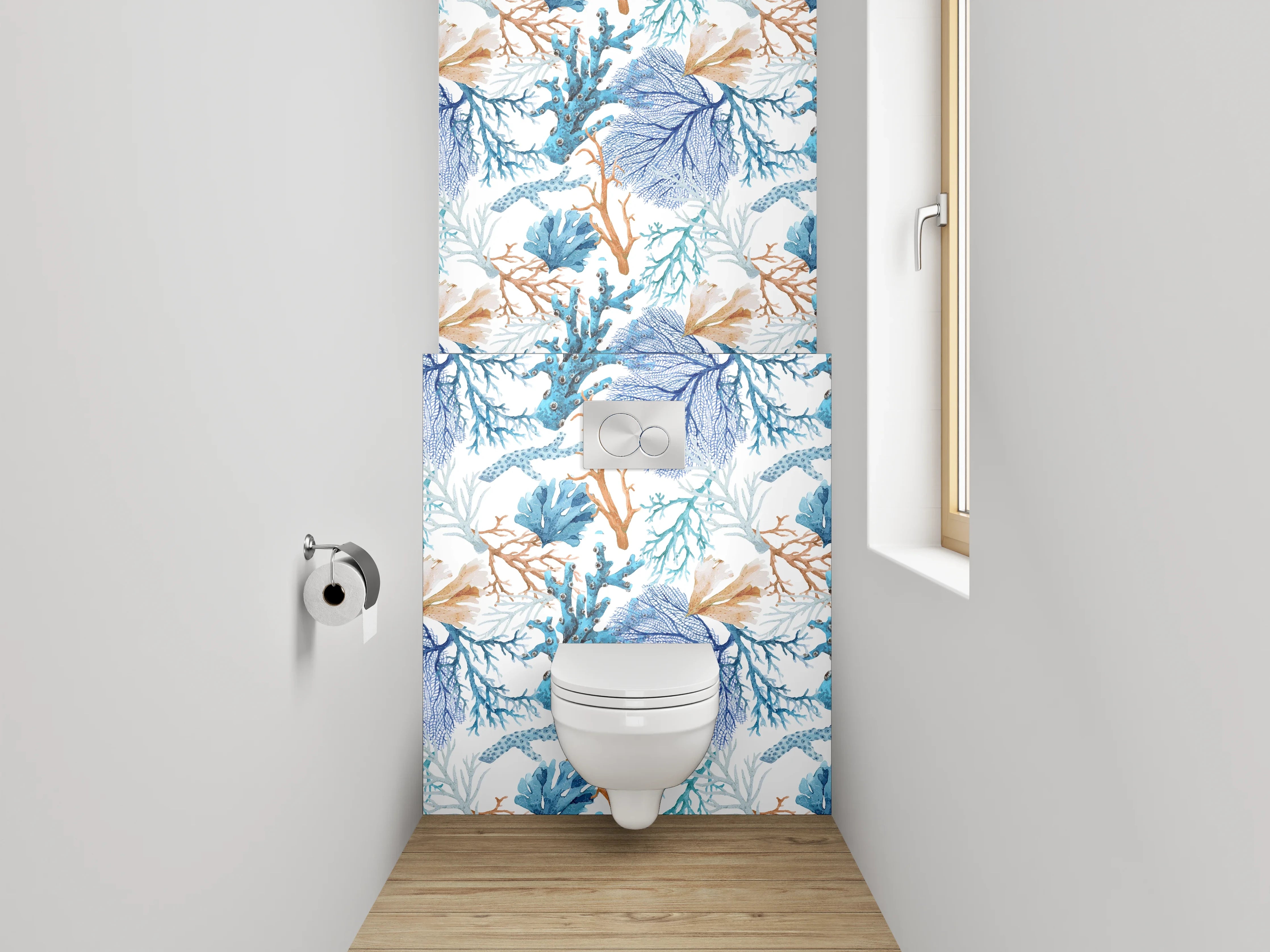 WC-Rückwand - Aquarell Korallenmuster Blau-Orange