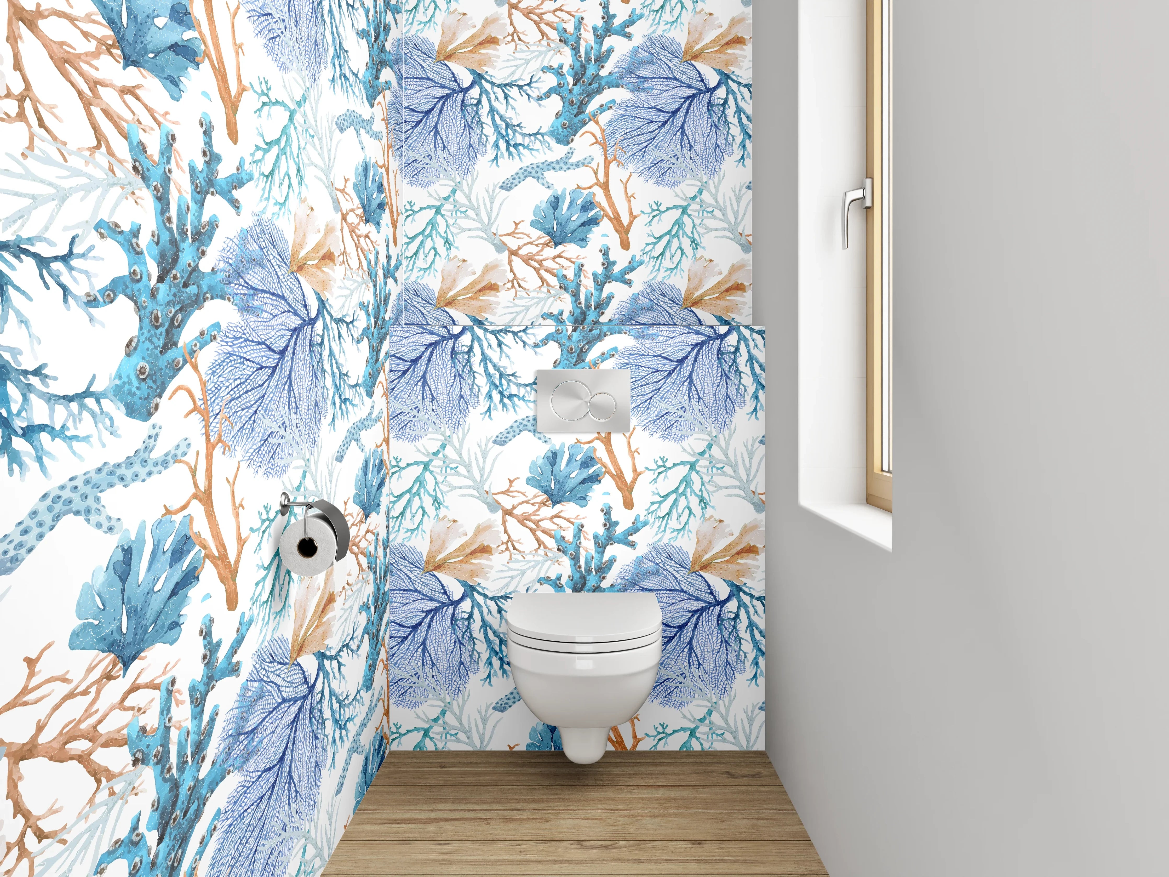 WC-Rückwand - Aquarell Korallenmuster Blau-Orange