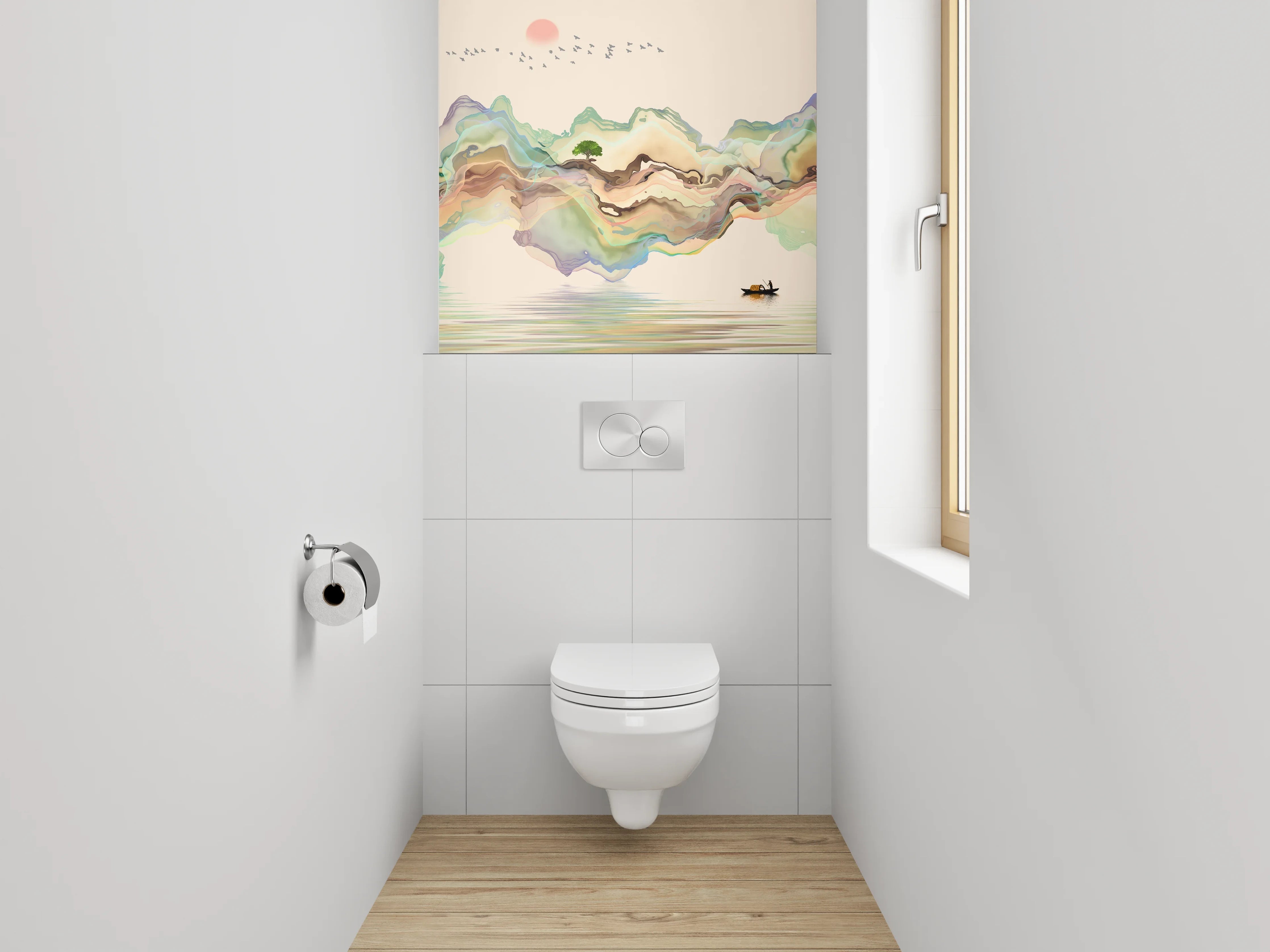 WC-Rückwand - Aquarell Landschaft mit Boot und Bergen