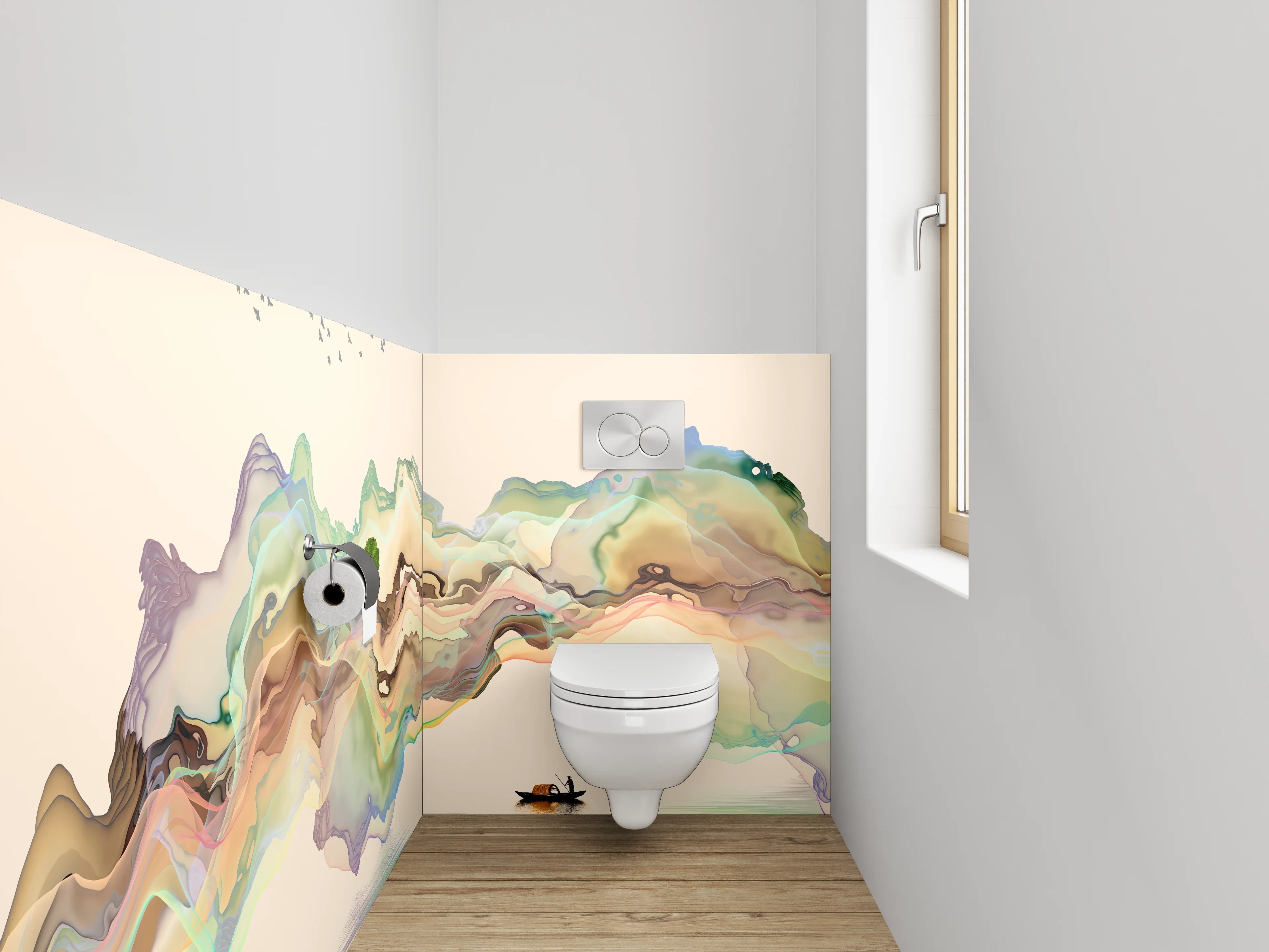 WC-Rückwand - Aquarell Landschaft mit Boot und Bergen
