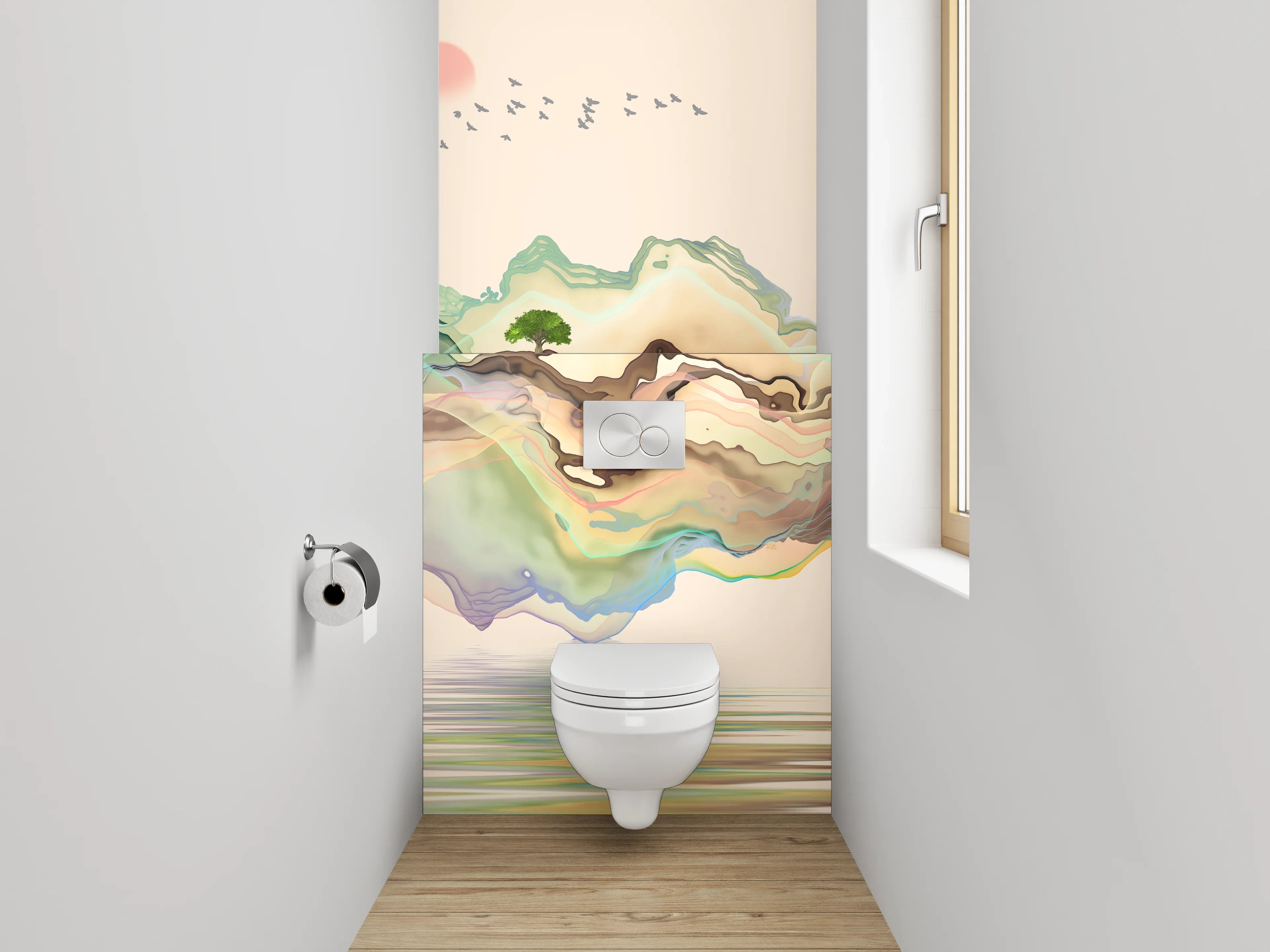 WC-Rückwand - Aquarell Landschaft mit Boot und Bergen