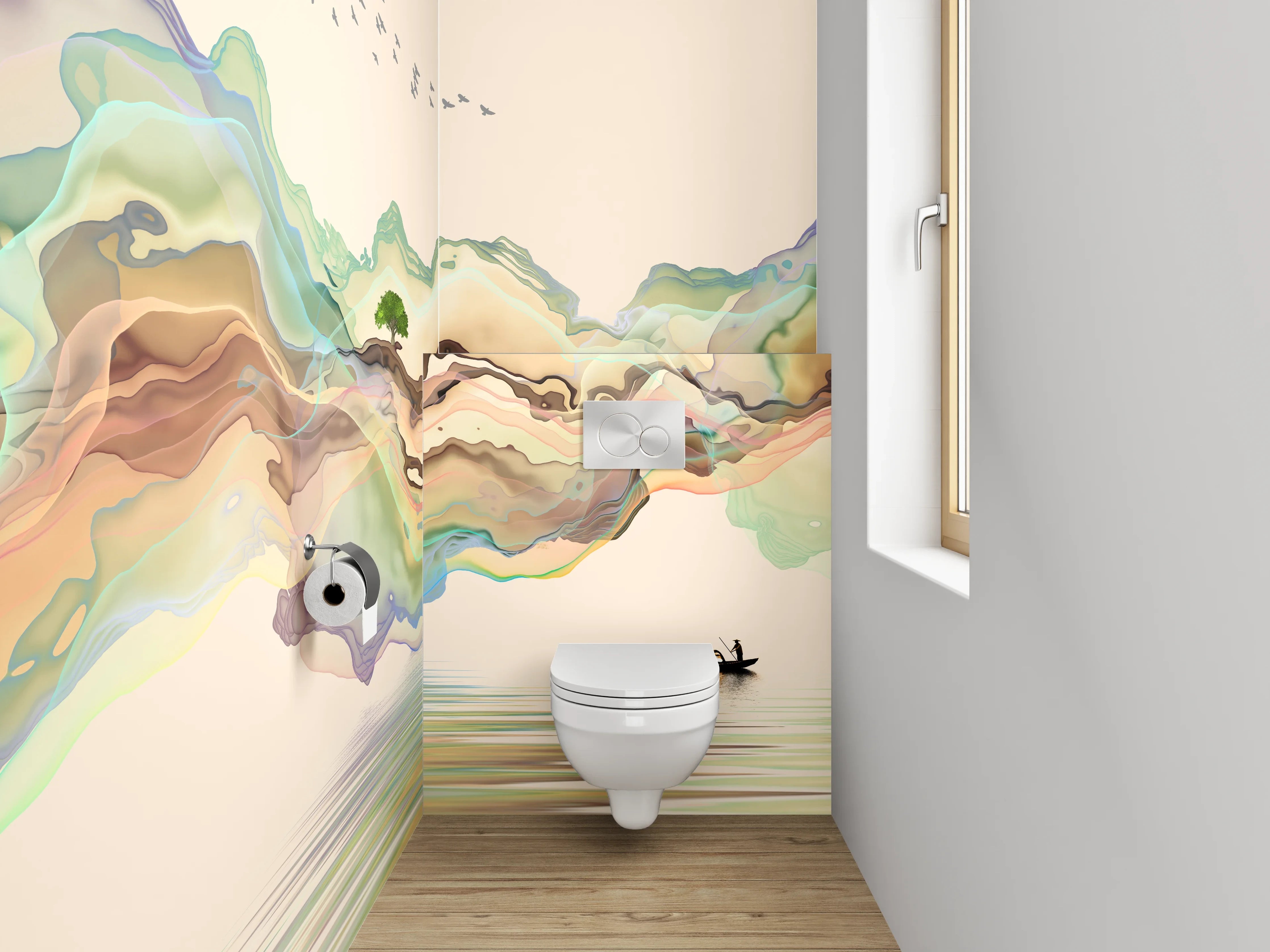WC-Rückwand - Aquarell Landschaft mit Boot und Bergen
