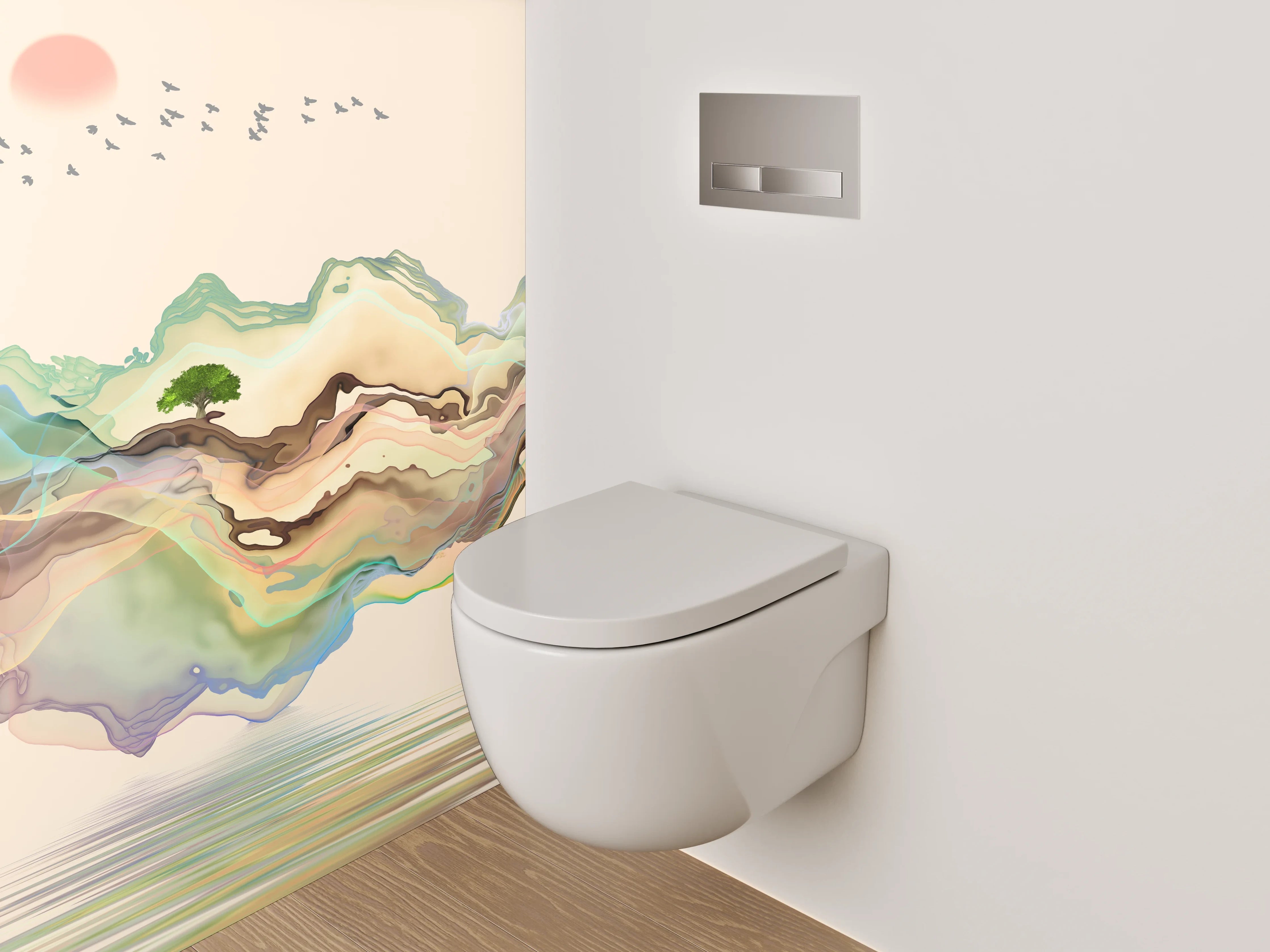 WC-Rückwand - Aquarell Landschaft mit Boot und Bergen