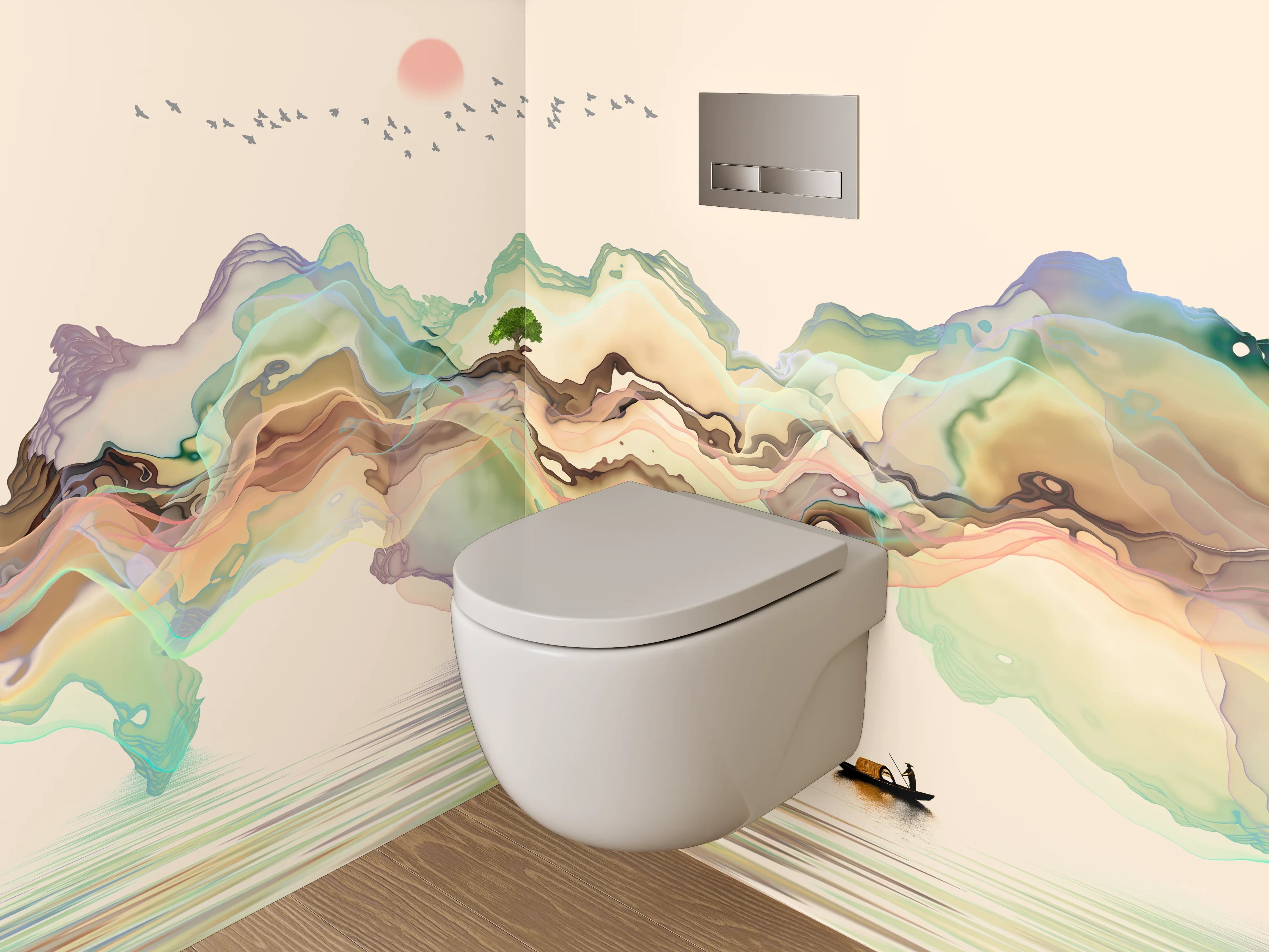 WC-Rückwand - Aquarell Landschaft mit Boot und Bergen