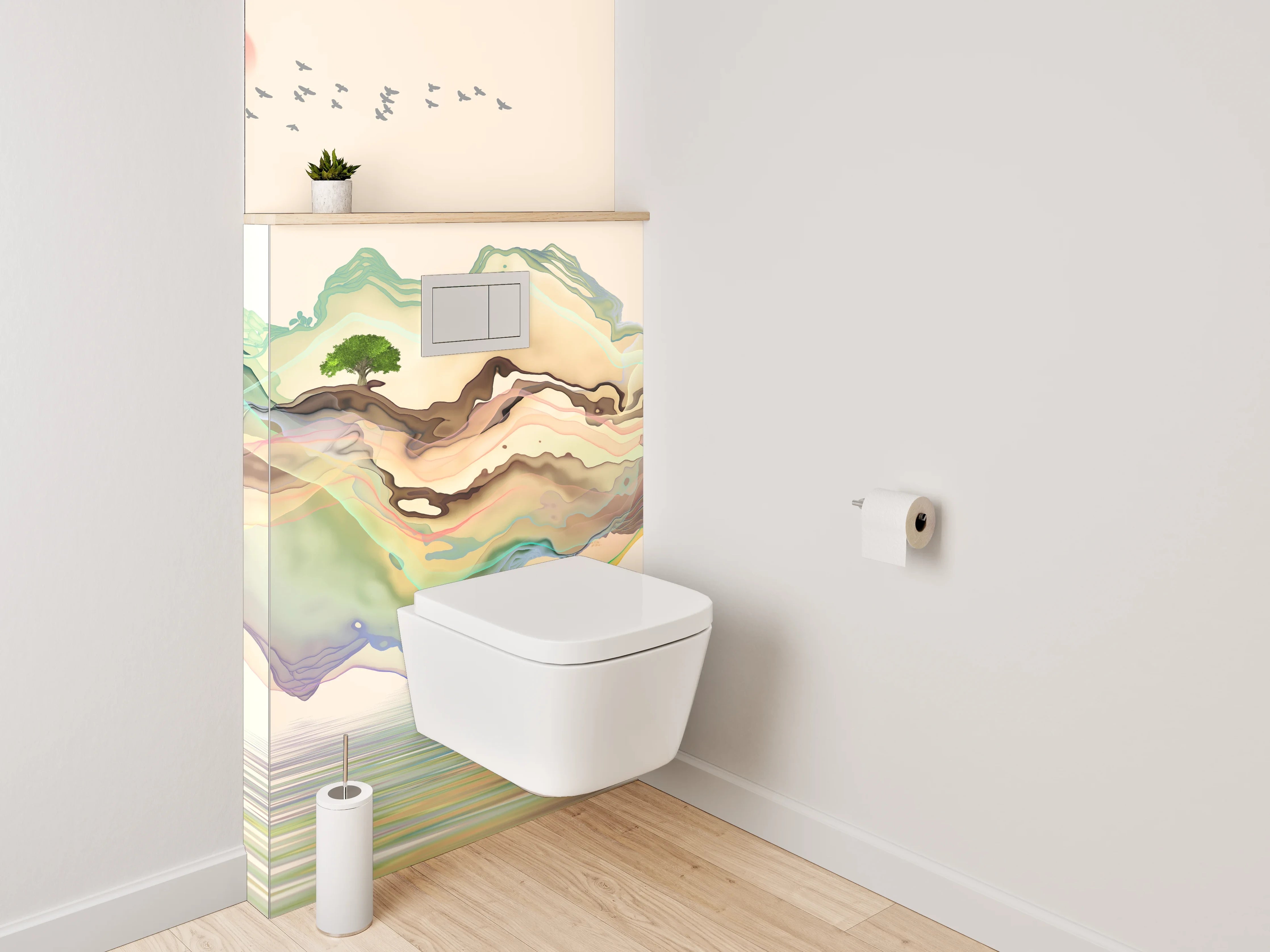 WC-Rückwand - Aquarell Landschaft mit Boot und Bergen