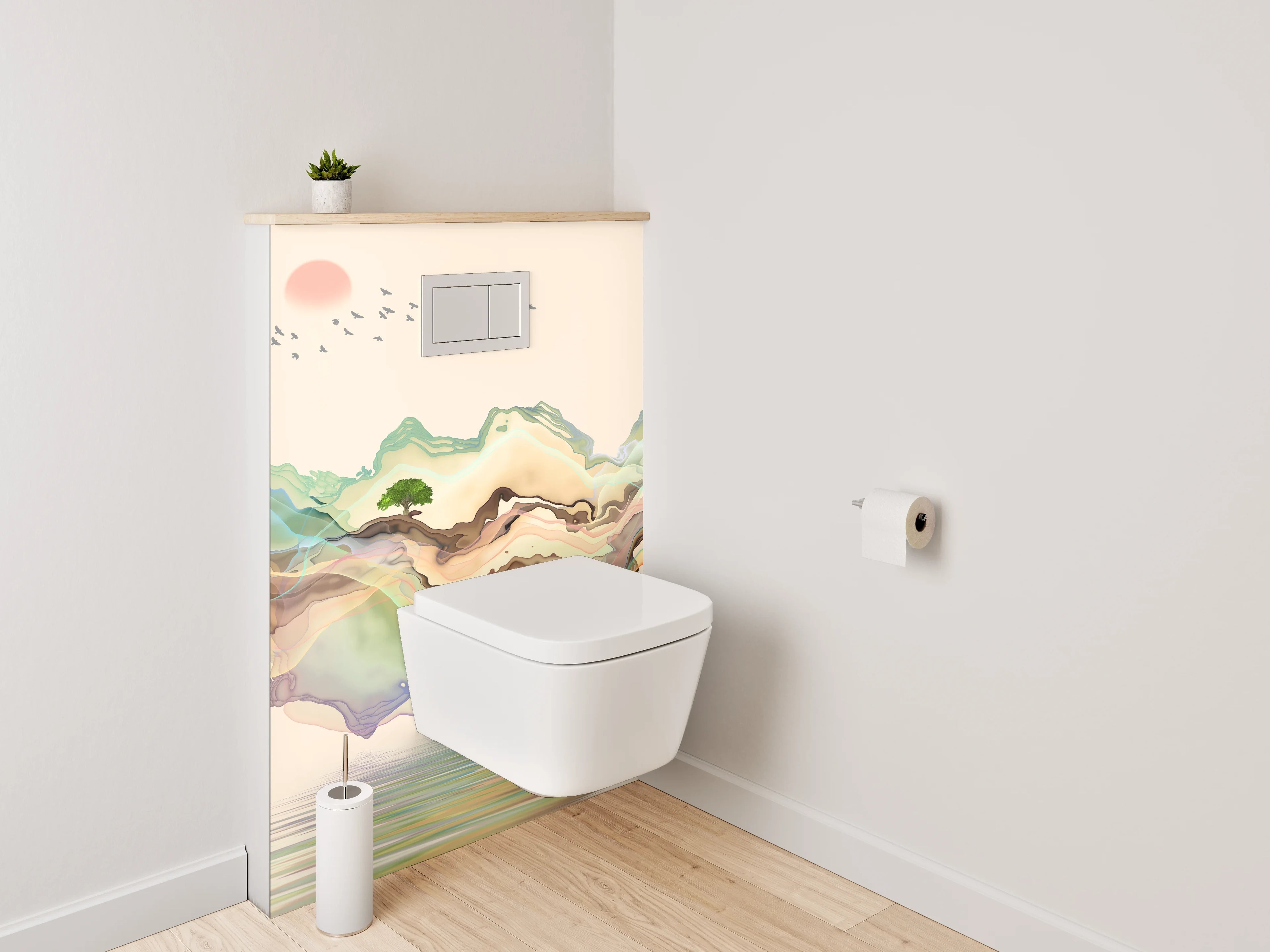 WC-Rückwand - Aquarell Landschaft mit Boot und Bergen