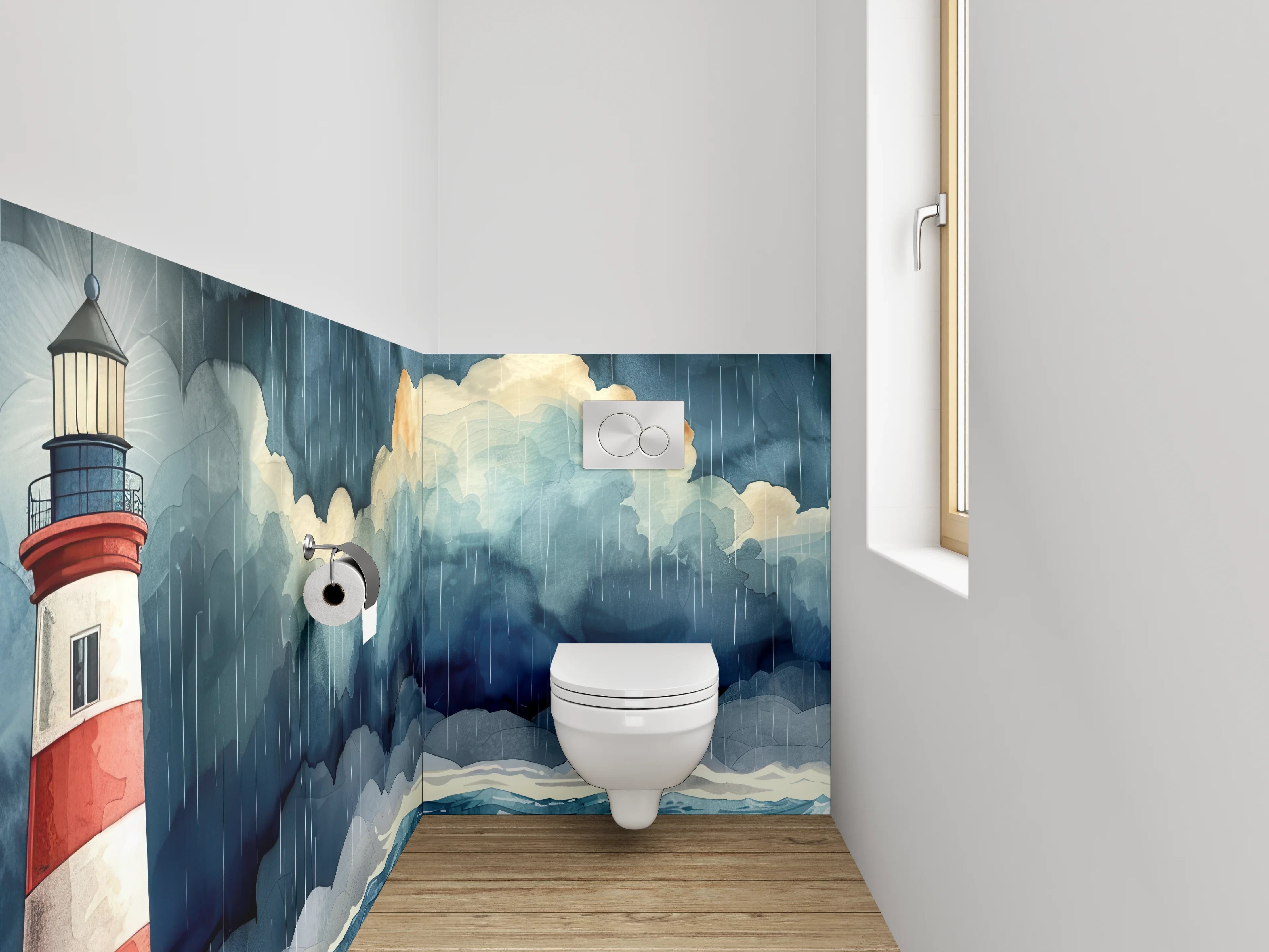 WC-Rückwand - Aquarell-Leuchtturm im Sturm