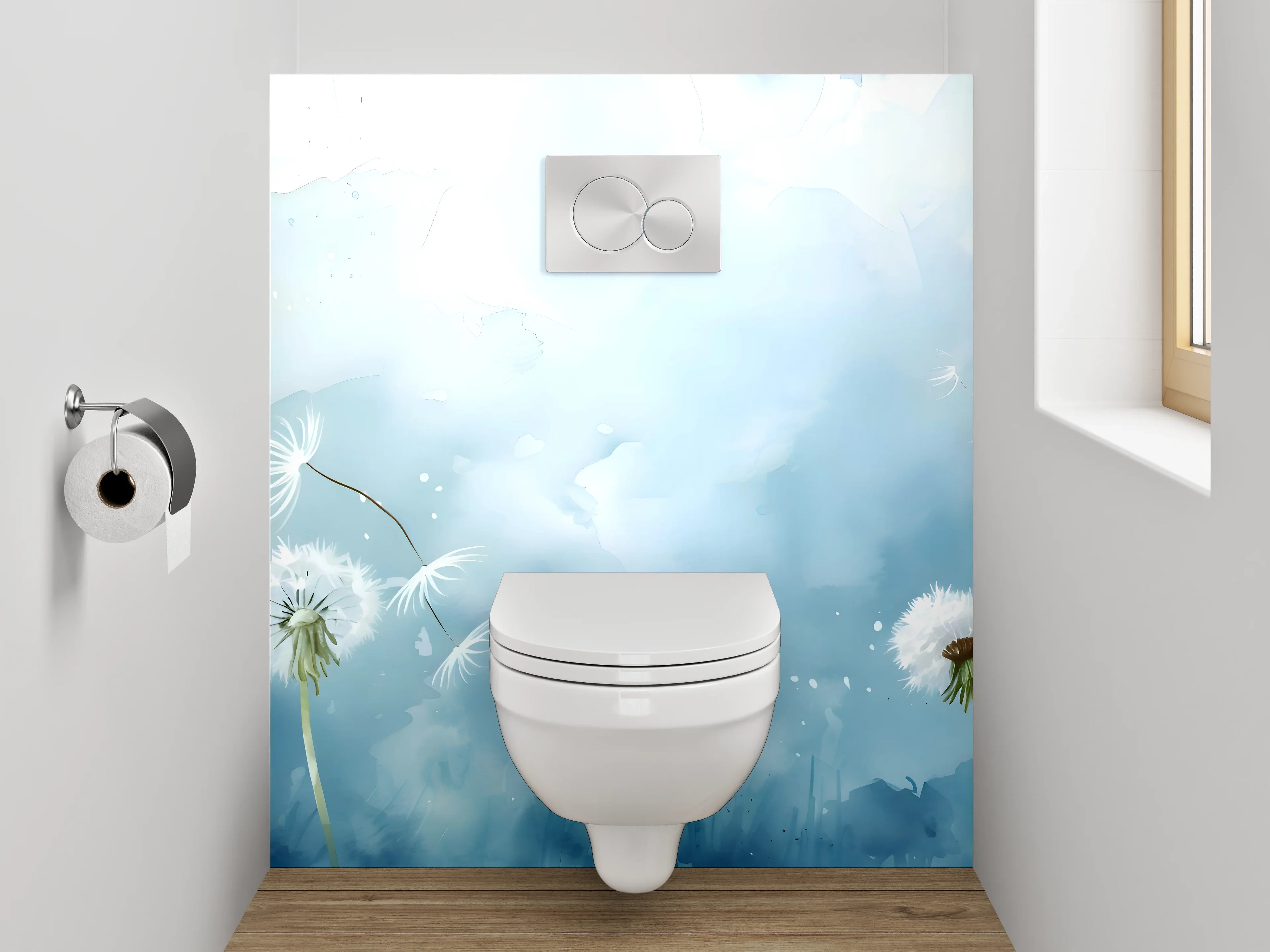 WC-Rückwand - Aquarell Löwenzahnwiese mit Himmel