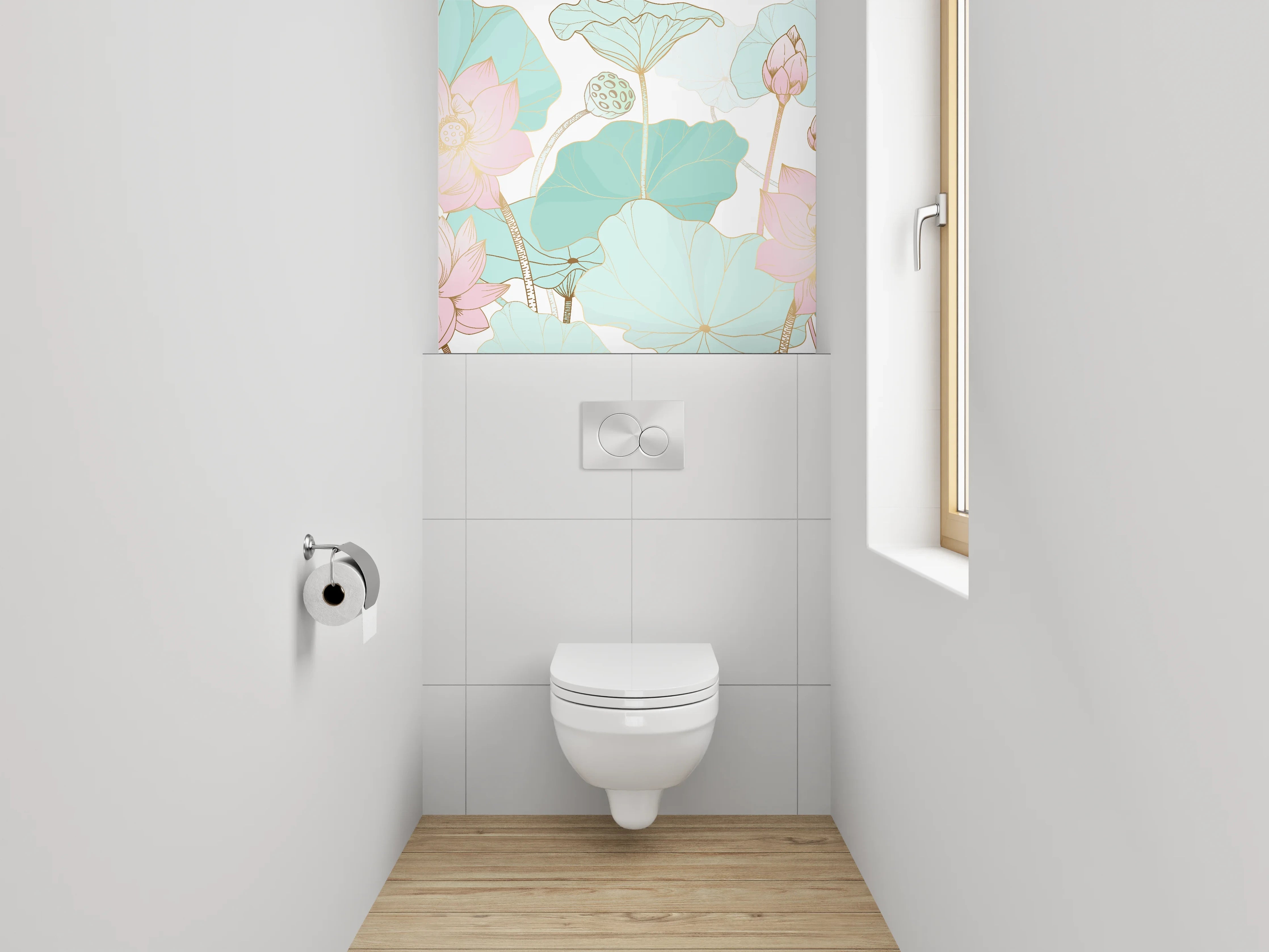 WC-Rückwand - Aquarell Lotusblüten Pastell Grün Rosa